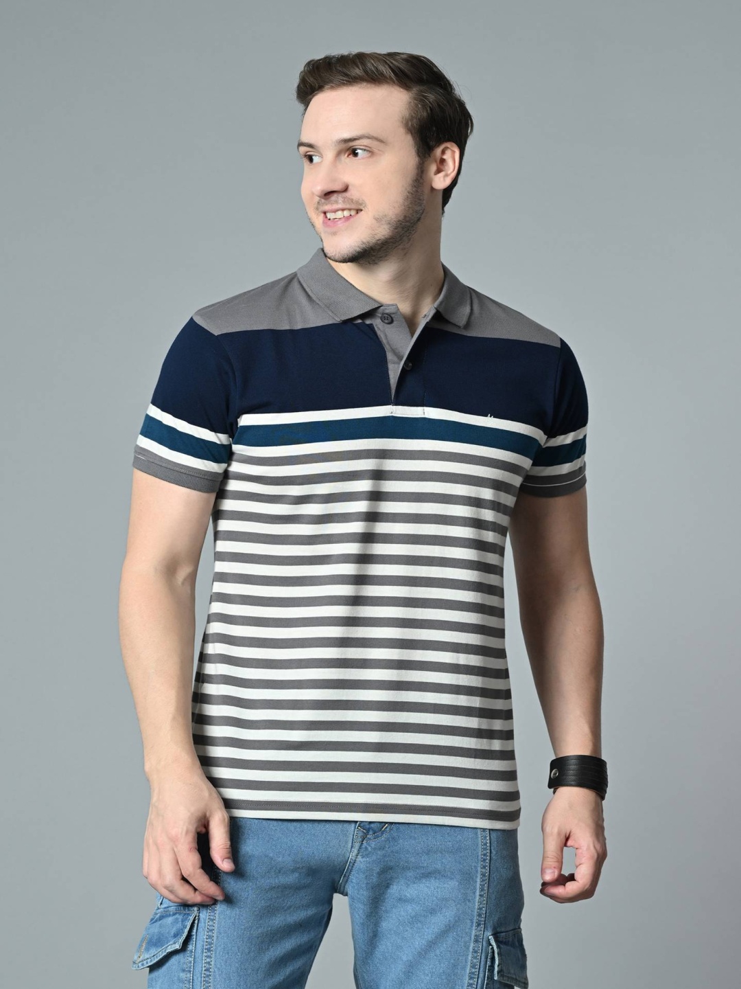 

ARBOUR Men Striped Polo Collar Cotton T-shirt, Grey