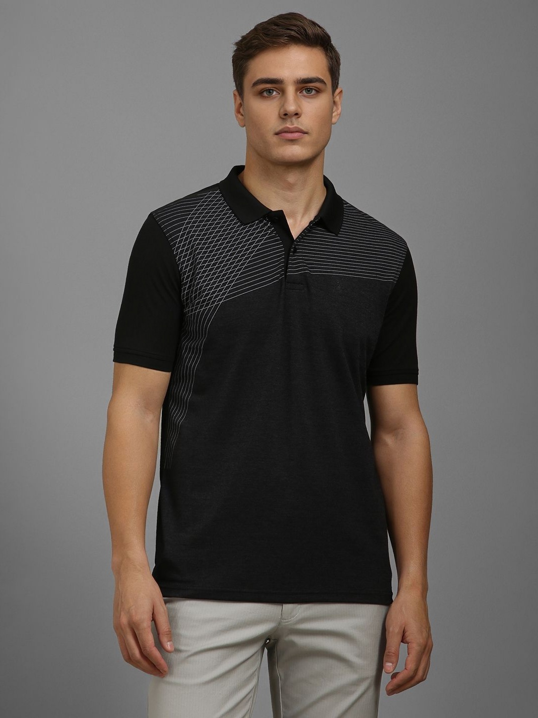 

Louis Philippe Men Striped Polo Collar T-shirt, Black