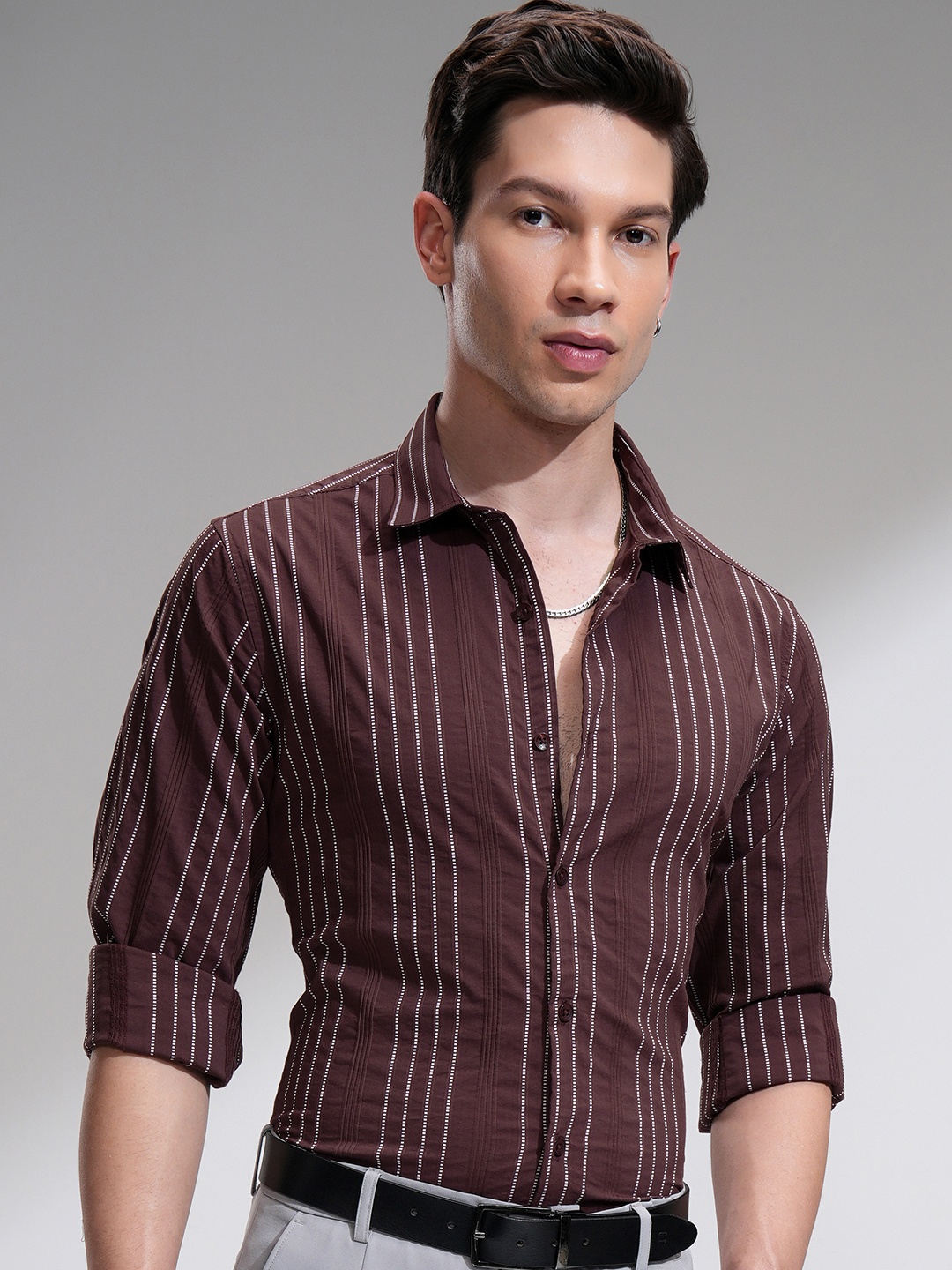 

HIGHLANDER Men Spread Collar Vertical Striped Cotton Casual Shirt, Maroon