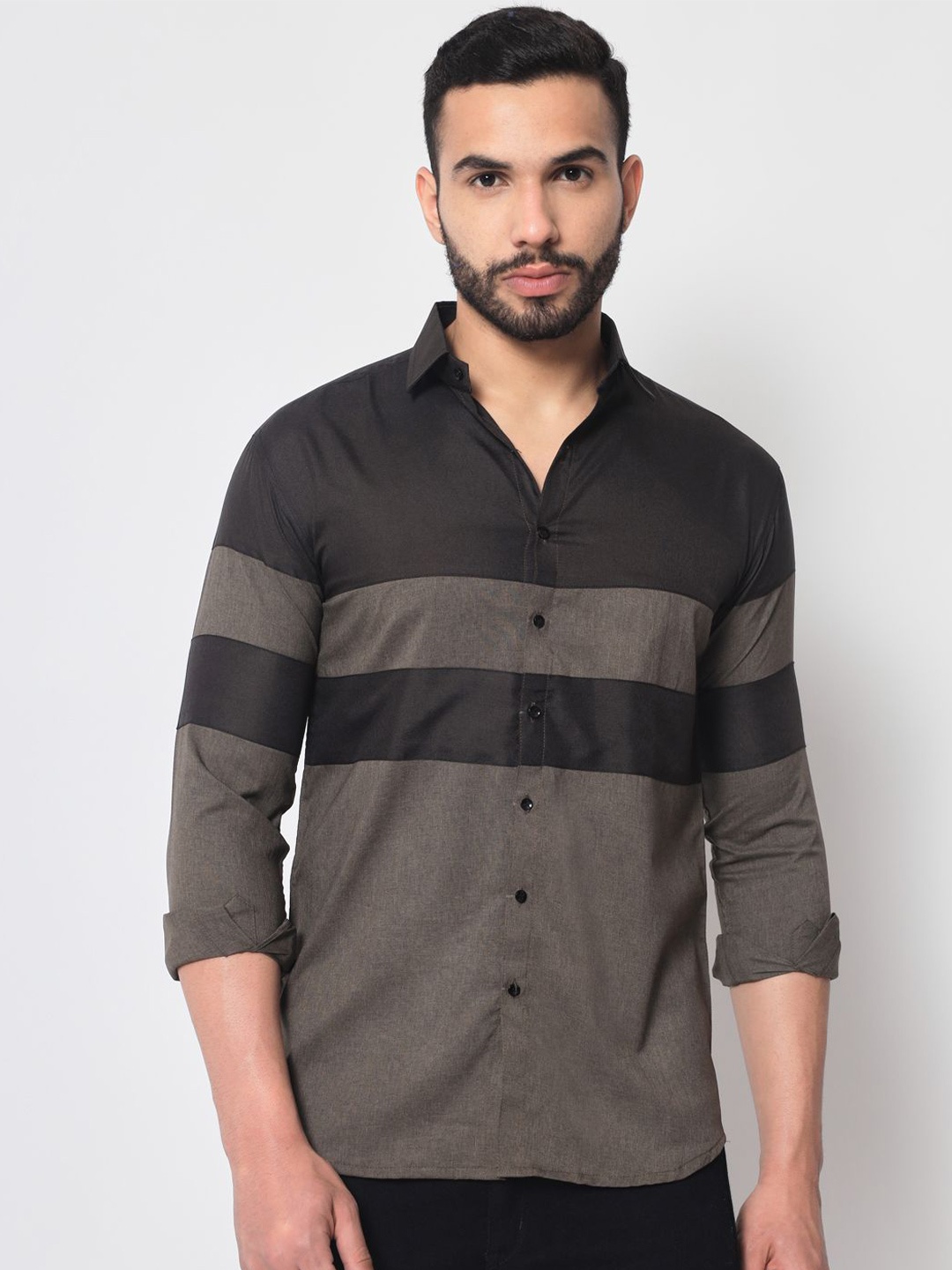 

SHANLIYA Men Classic Fit Spread Collar Horizontal Striped Cotton Casual Shirt, Grey