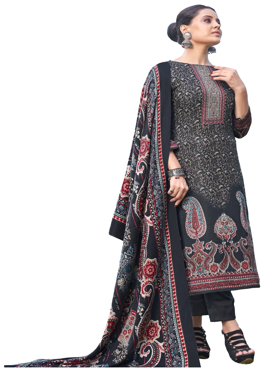 

DRAVINAM Trends Ethnic Motifs Printed Pashmina Unstitched Dress Material, Black