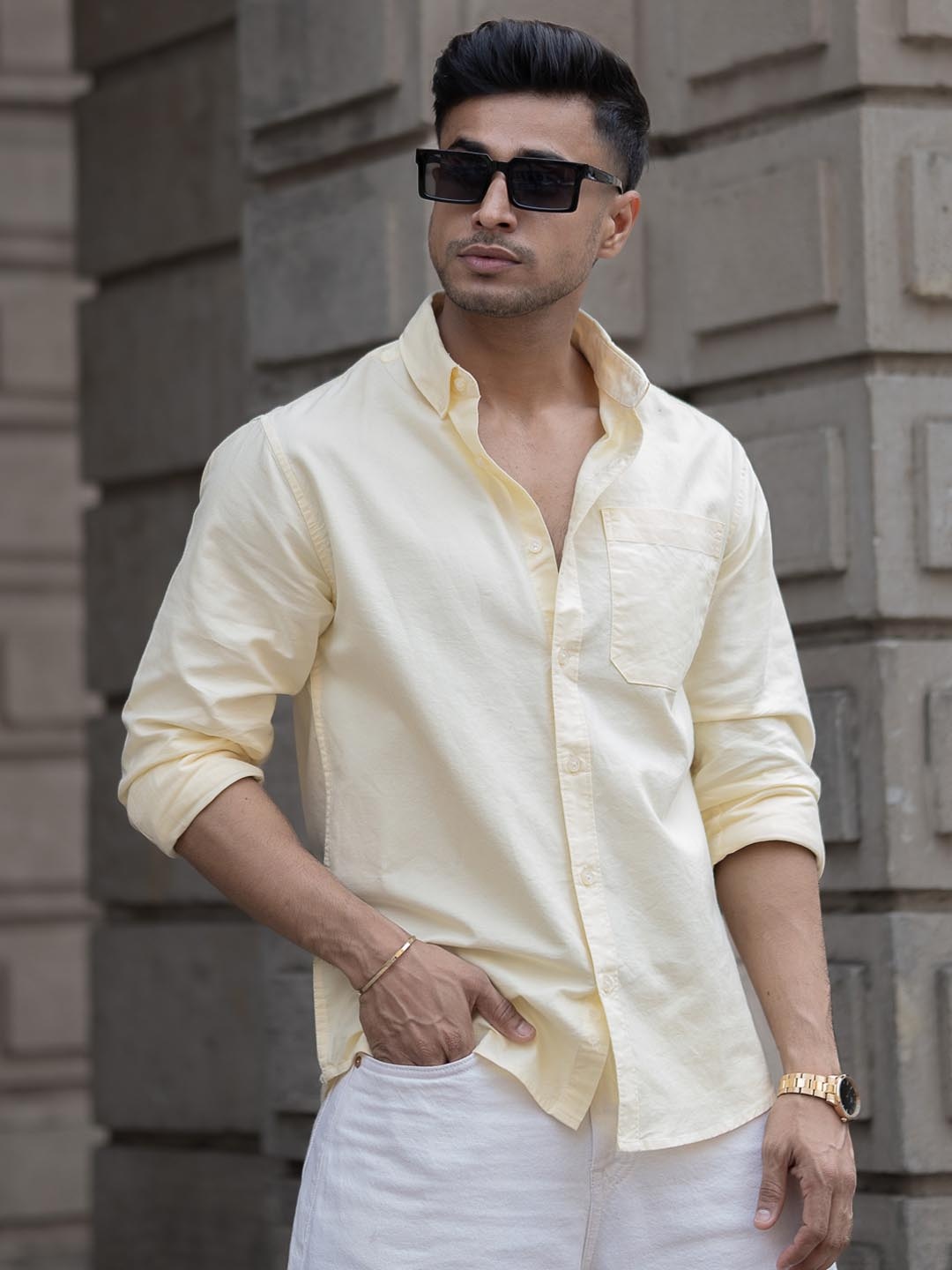 

Powerlook Men Button-Down Collar Solid Cotton Casual Shirt, Yellow