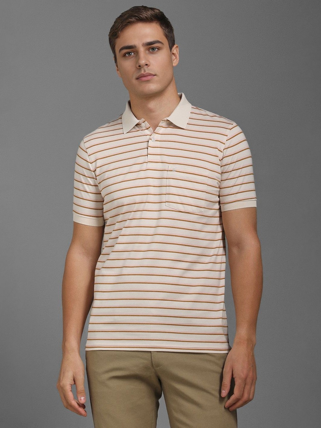 

Louis Philippe Men Striped Polo Collar Cotton T-shirt, Beige