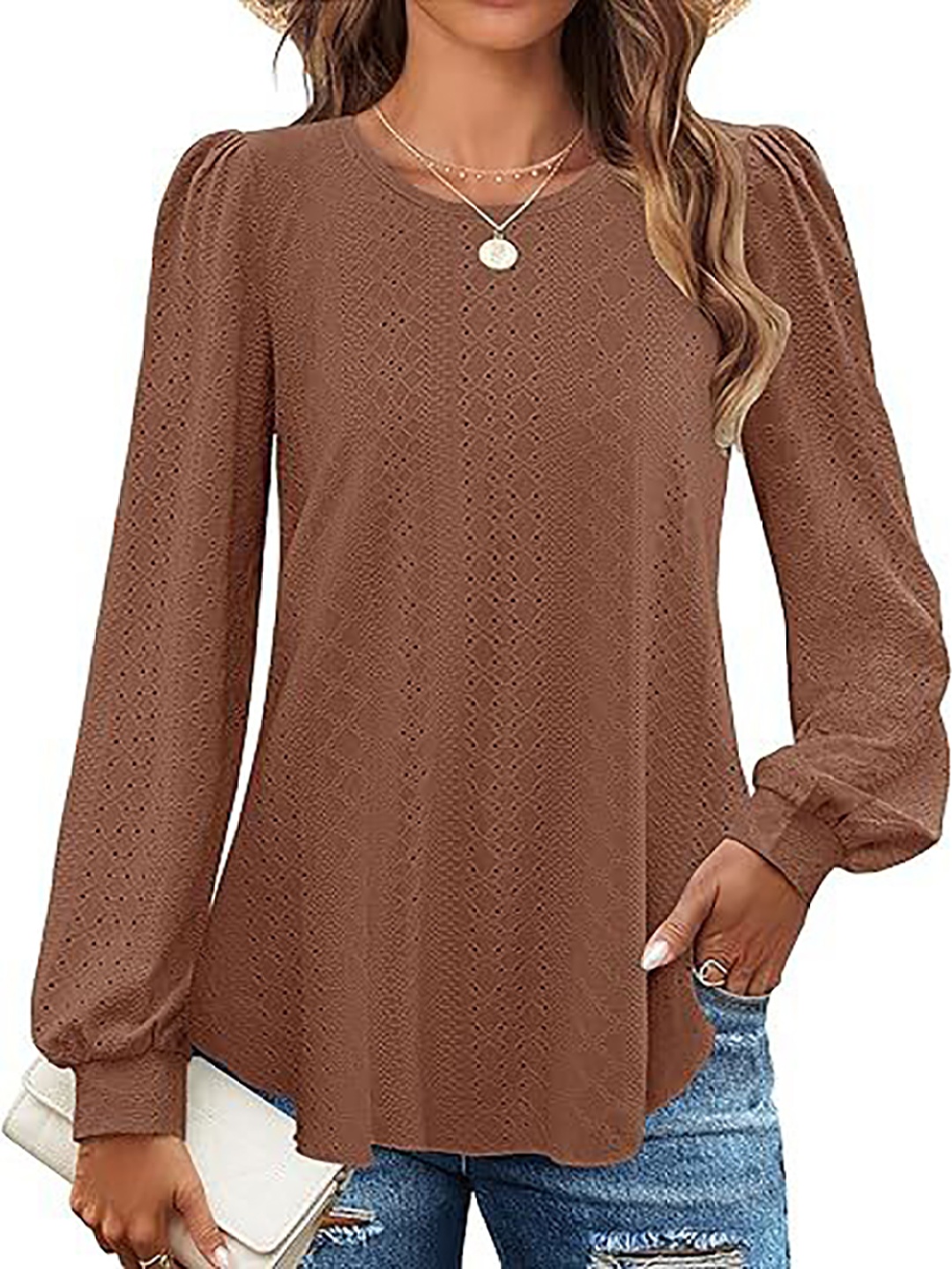 

StyleCast x Revolte Women Cuffed Sleeves Schiffli A-Line Top, Brown