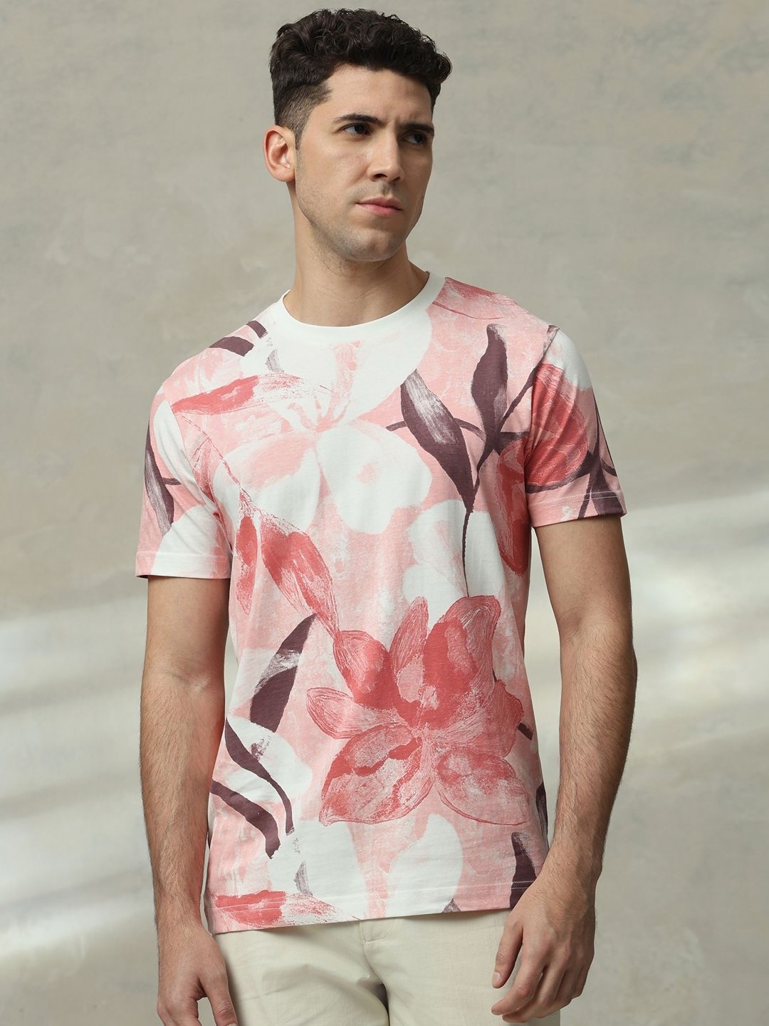 

Mufti Men Floral Printed Round Neck Cotton Slim Fit T-shirt, Cream