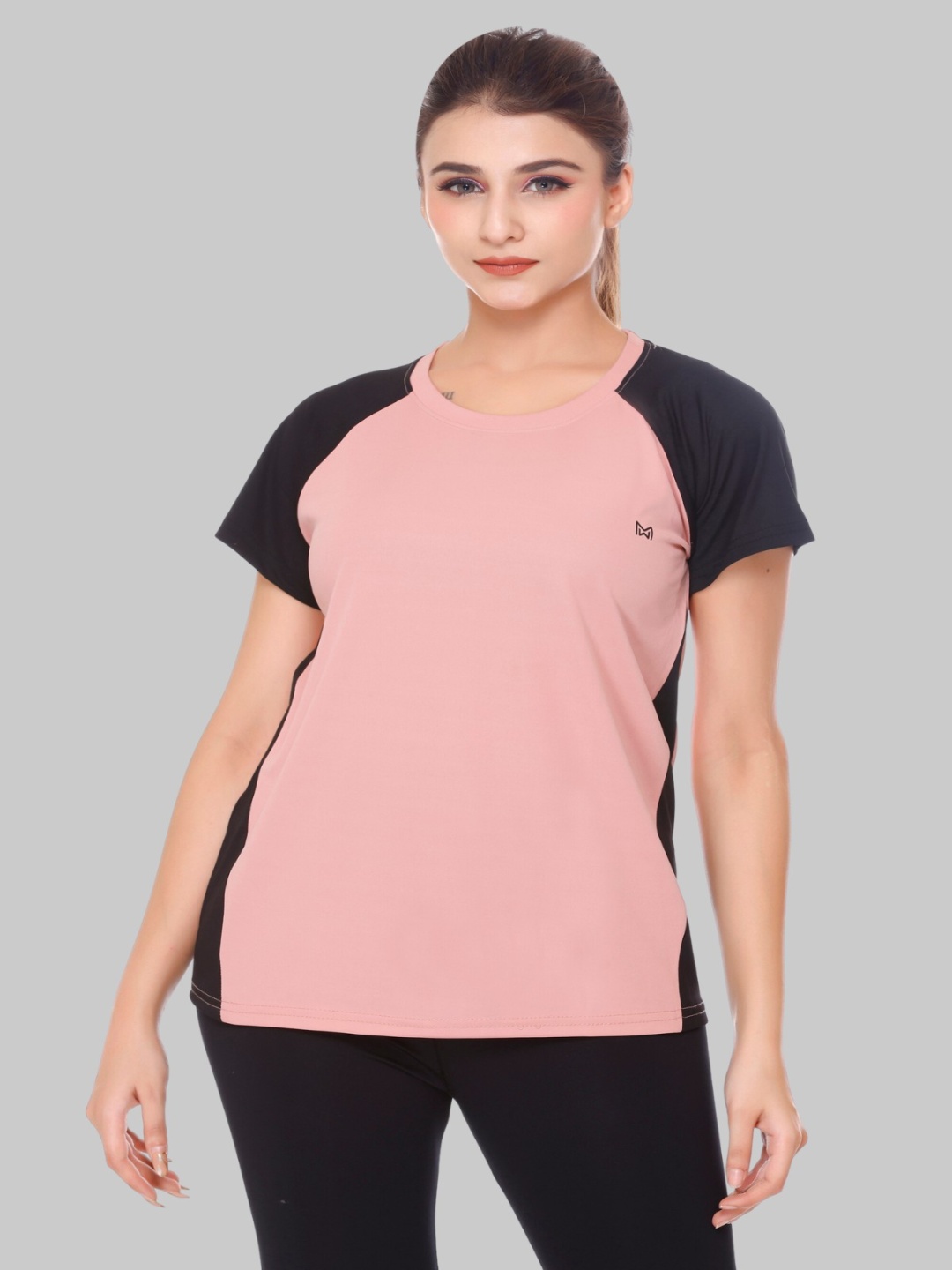 

White Moon Women Colourblocked Round NeckT-shirt, Peach