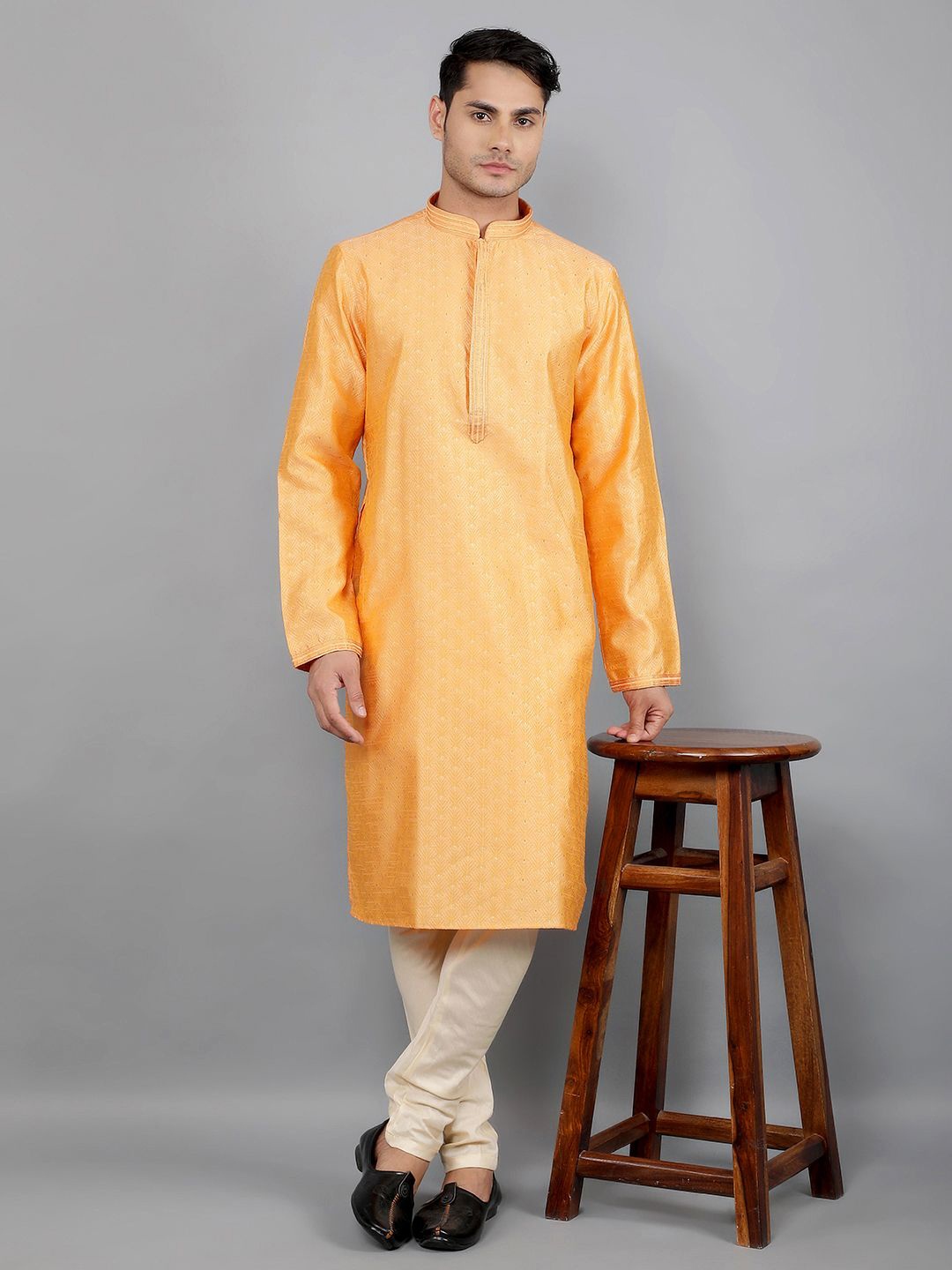 

Manish Creations Floral Woven Design Mandarin Collar Jacquard Straight Kurta With Churidar, Peach
