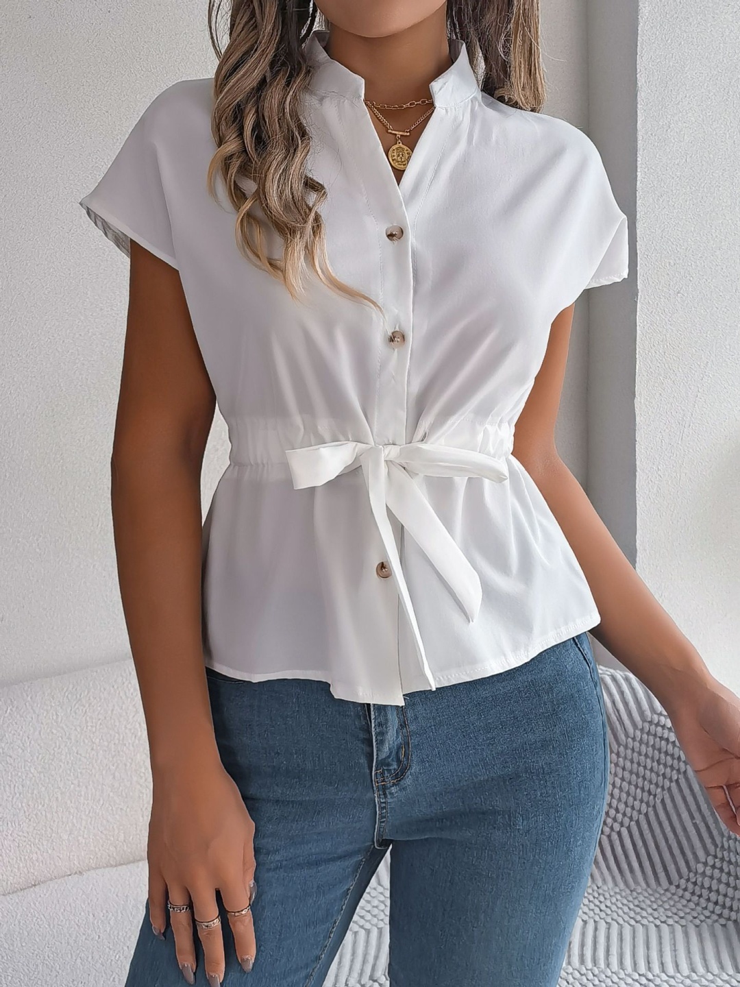 

StyleCast x Revolte Women Mandarin Collar Shirt Style Top, White