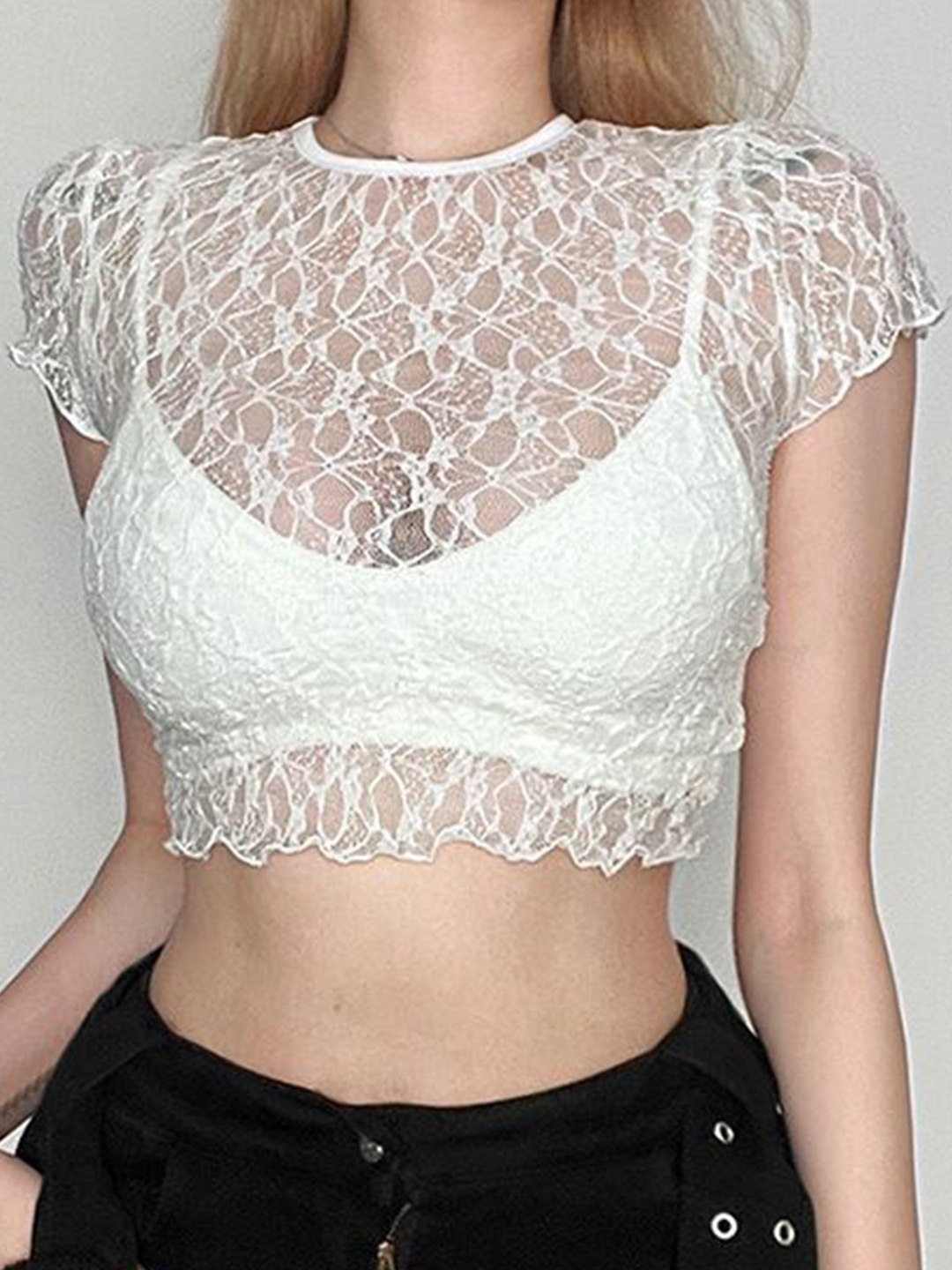 

StyleCast x Revolte Women Self Design Round Neck Crop Fitted Top, White