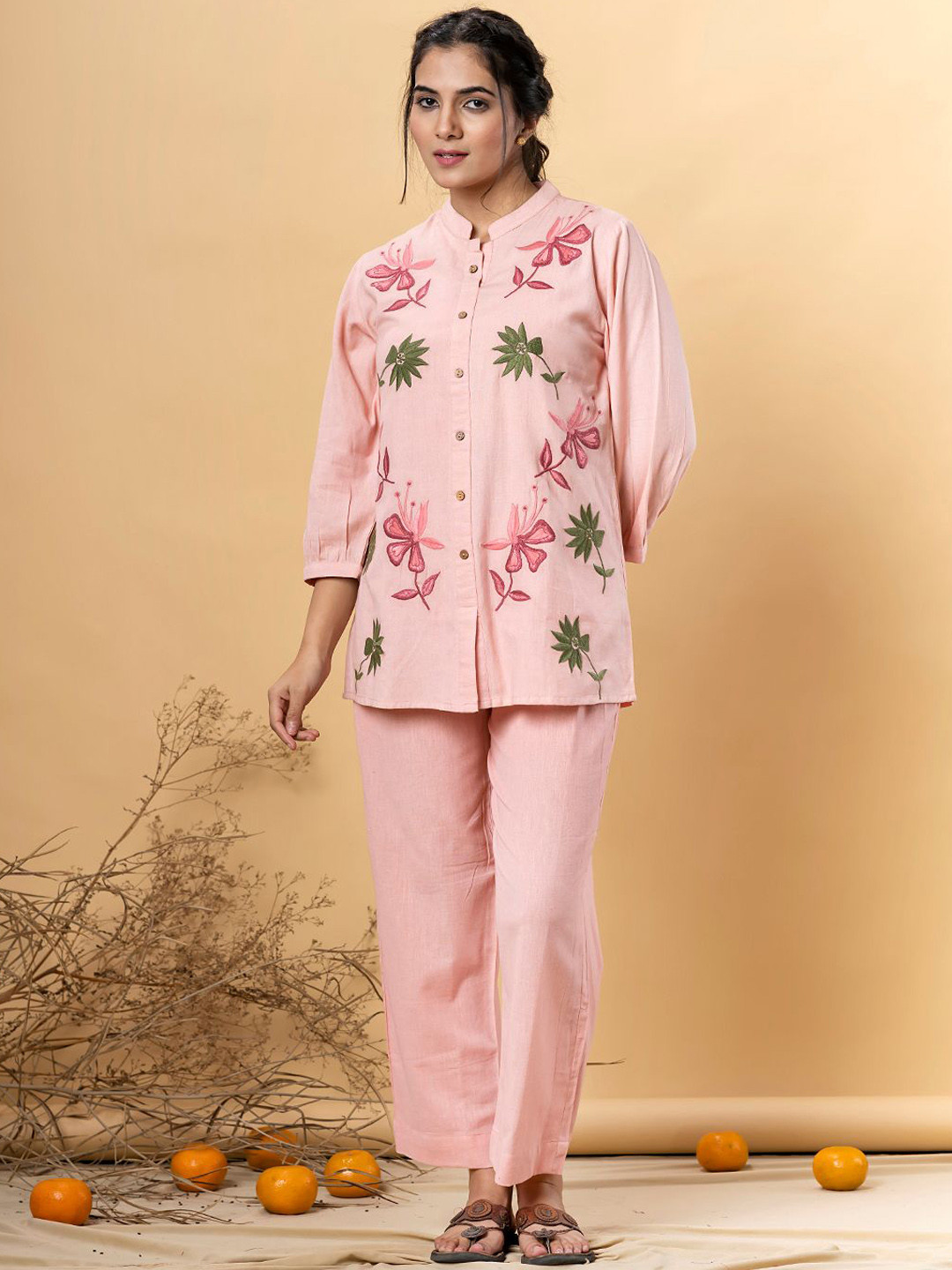 

Readiprint Fashions Floral Embroidered Mandarin Collar Shirt With Trousers, Pink