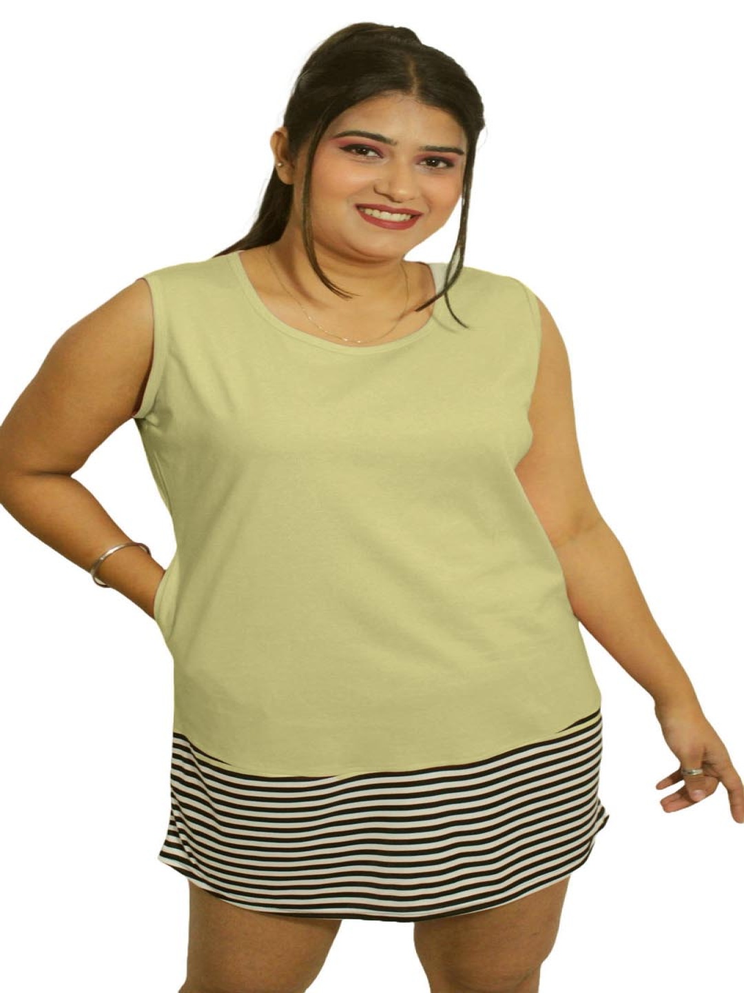 

PINK SHELL Women Striped Drop-Shoulder Sleeves Cut Outs T-shirt, Green