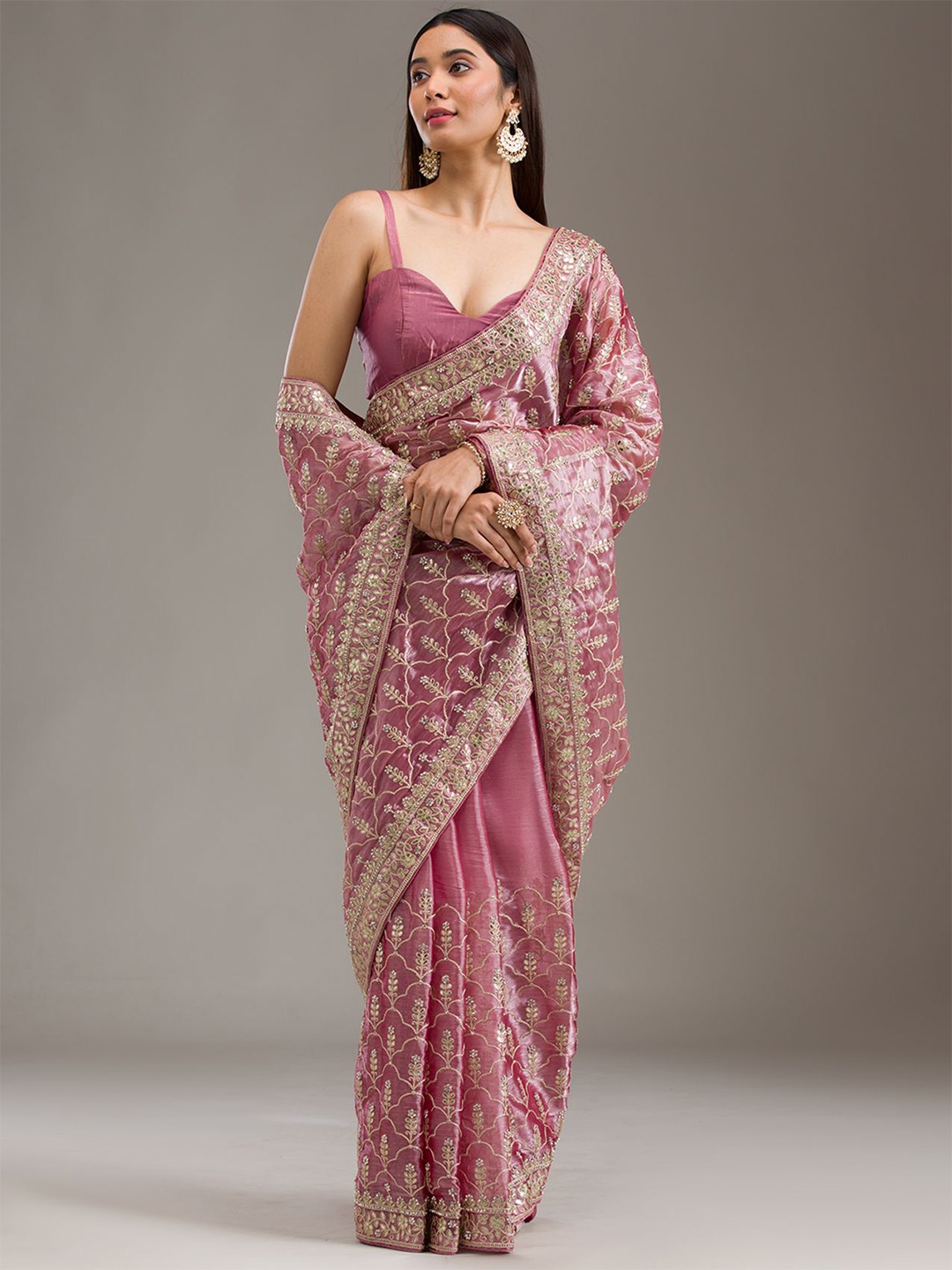 

Koskii Ethnic Motifs Beads and Stones Tissue Heavy Work Saree, Pink