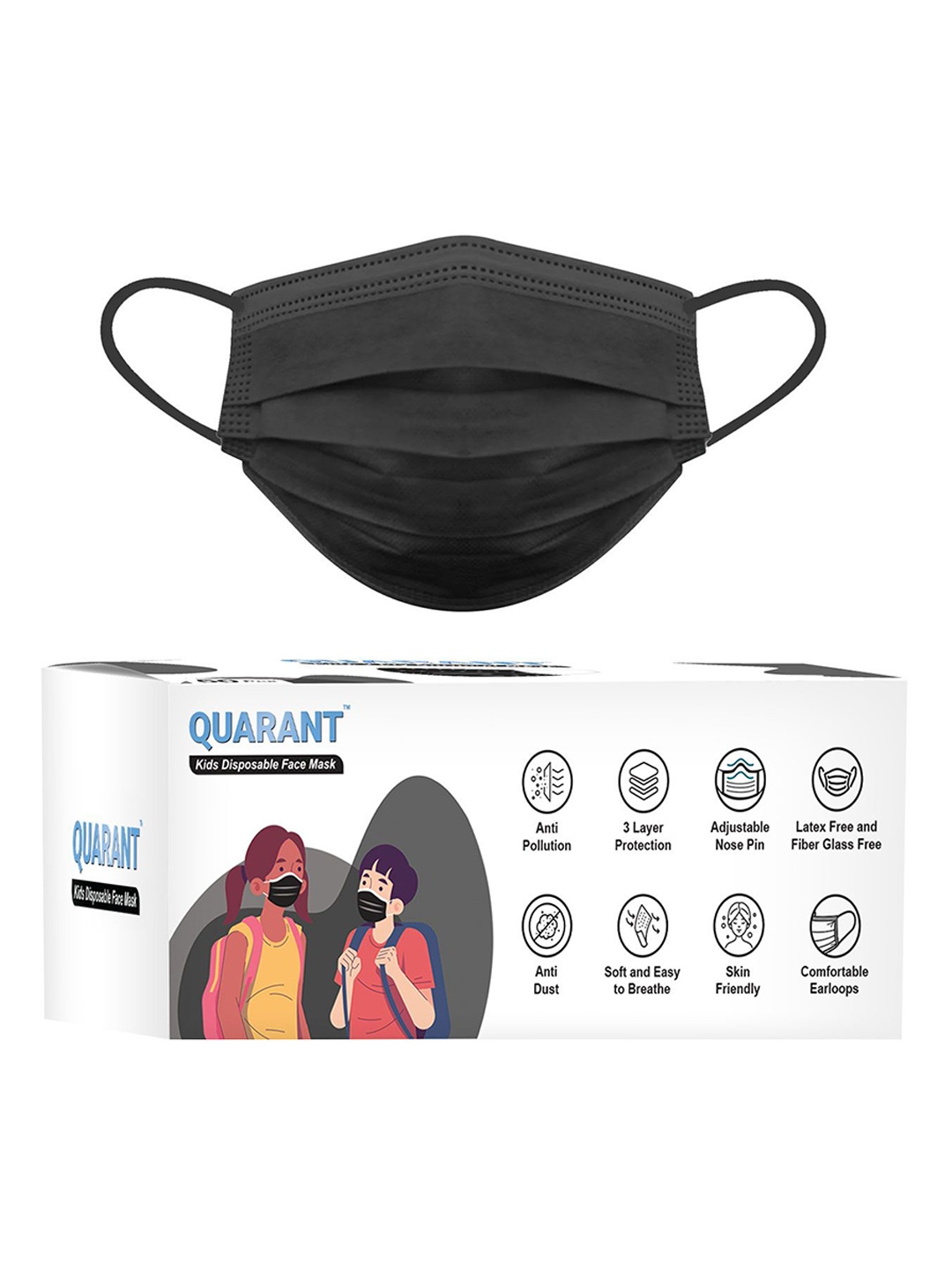 

QUARANT Kids Pack Of 50 3 Ply Anti Pollution Disposable Face Masks, Black