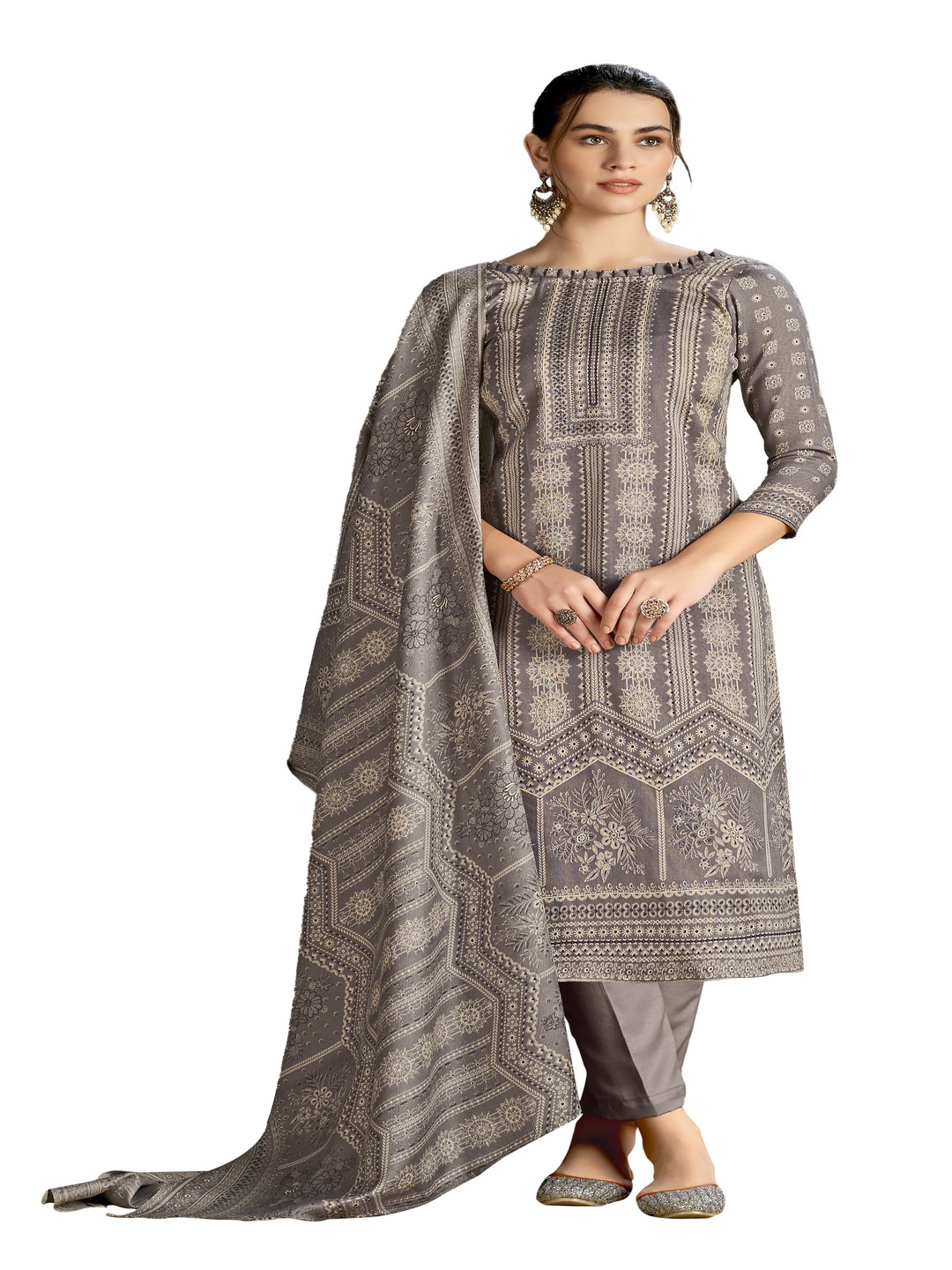 

DRAVINAM Trends Floral Printed Beads And Stones Pashmina Unstitched Dress Material, Grey