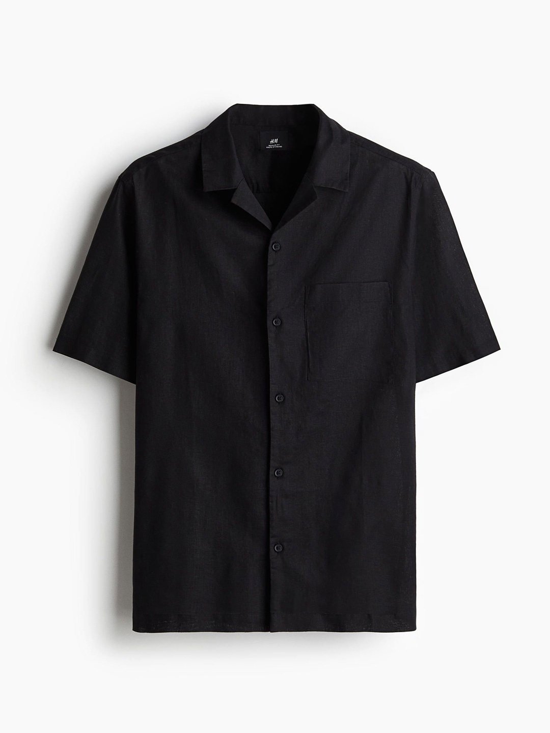 

H&M Regular Fit Short-Sleeved Linen-Blend Shirt, Black
