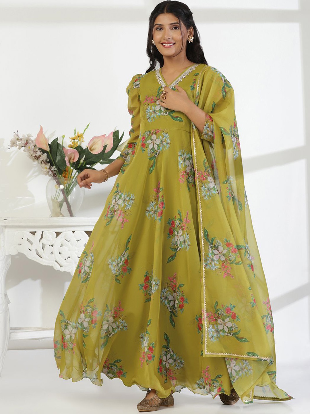 

Moda Rapido Floral Printed V Neck Fit & Flare Ethnic Dress With Dupatta, Green