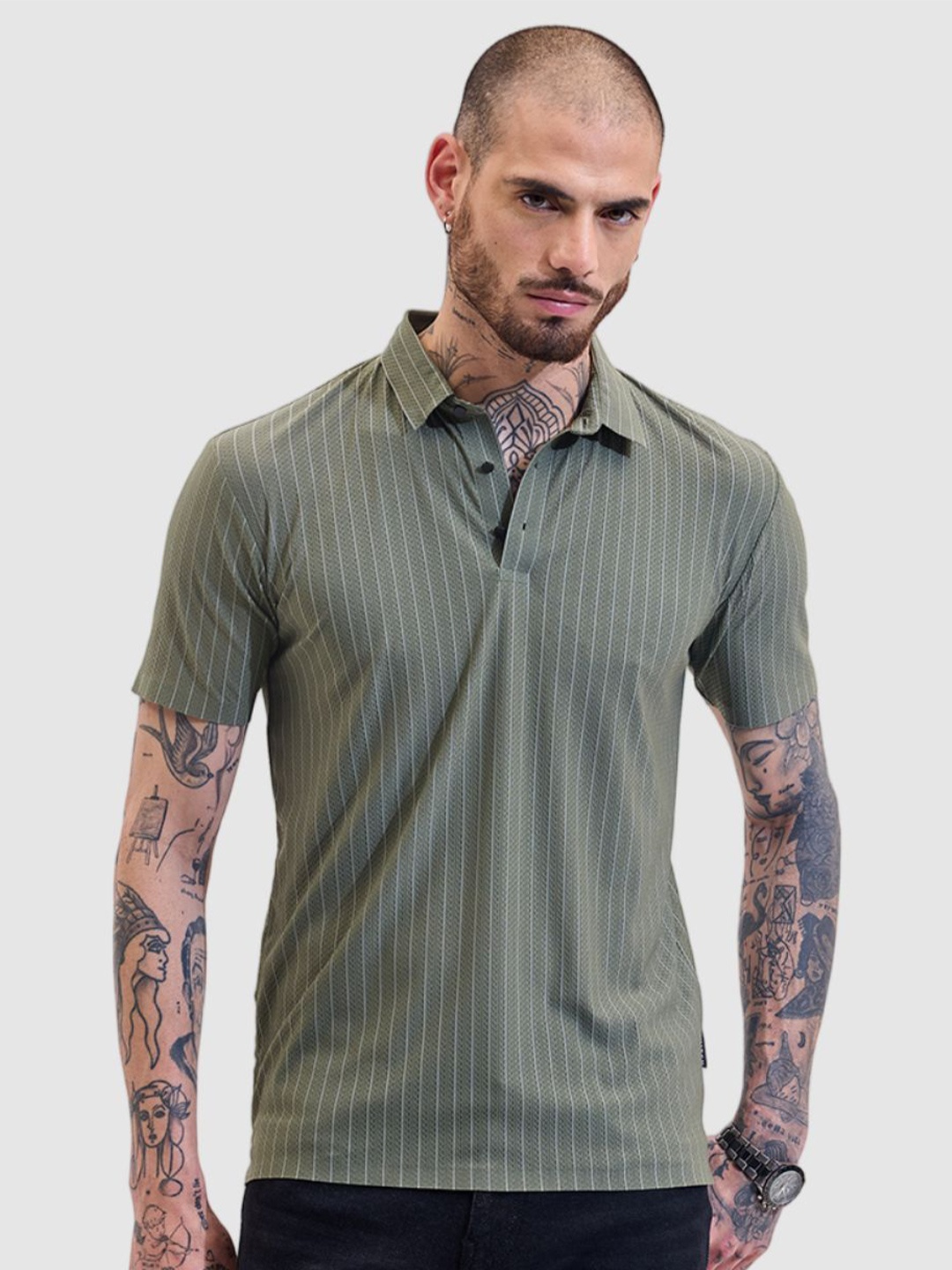 

Snitch Men Striped Polo Collar Linen Relaxed Fit T-shirt, Olive