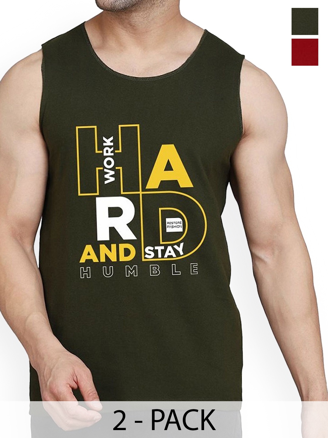 

WOOSTRO Pack Of 2 Printed Cotton Gym Vests RS26 CMB (HARD OLIVE) (RUN MAROON)
