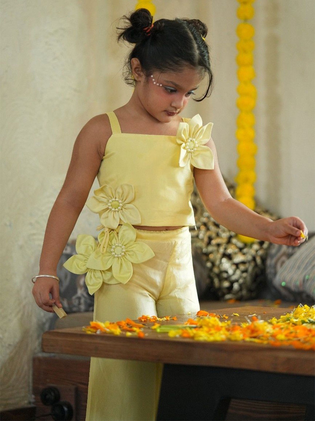 

Funny Bones Clothings Girls Top & Plazzo Set With Pearls Embeded Handwork Sunflower, Yellow