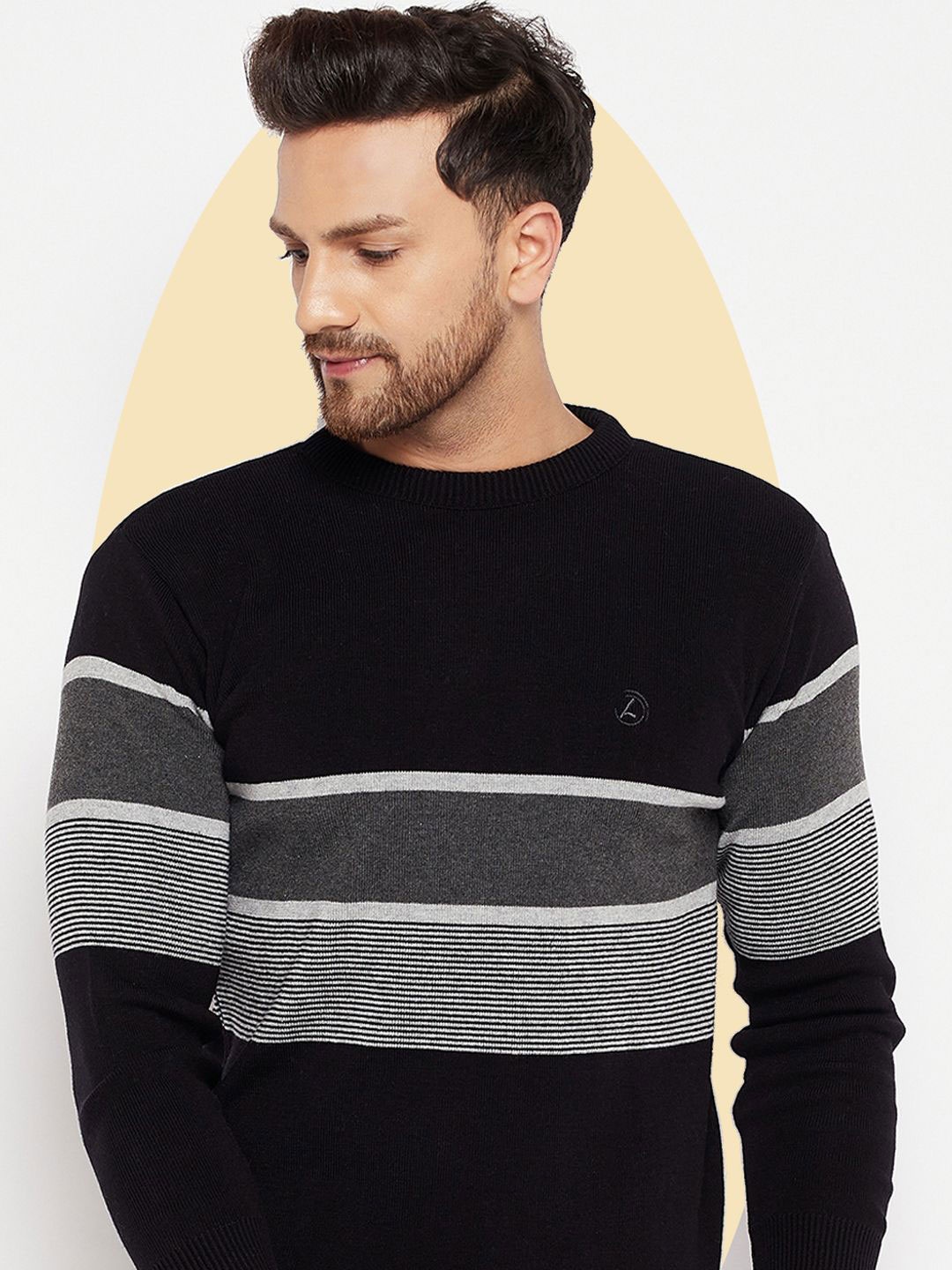 

LYCOS Men Striped Round Neck Woollen Pullover Sweater, Black
