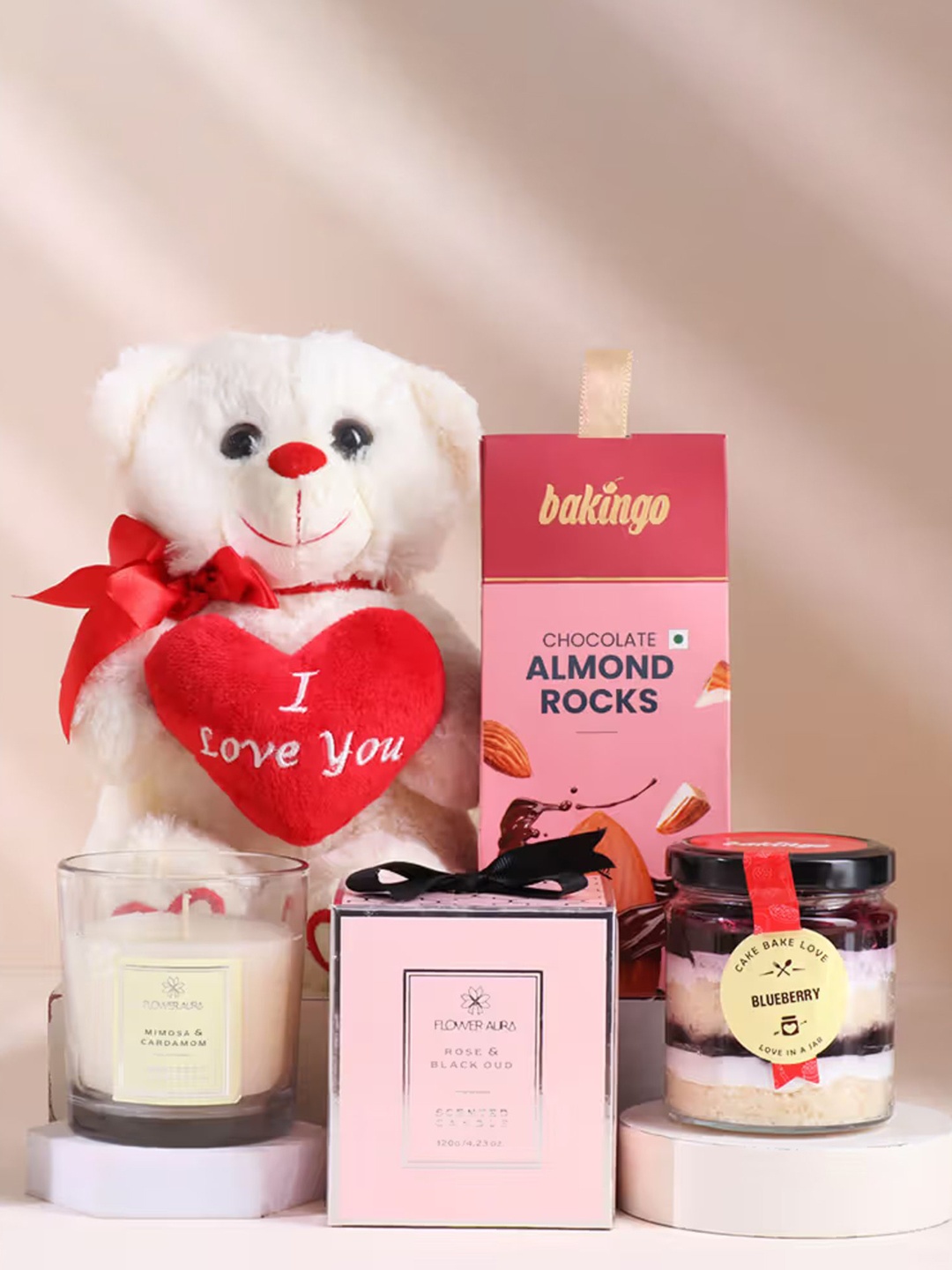 

Floweraura Cute Teddy Almond Rock Scented Candle & Jar Cakes Gift Set, Red