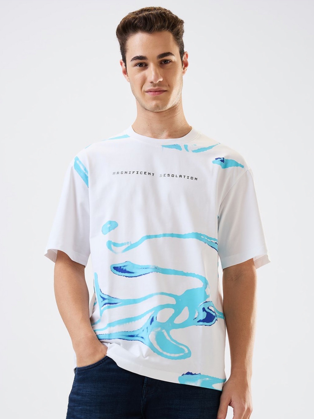 

SPYKAR Men Abstract Printed Round Neck Cotton Relaxed Fit T-shirt, White