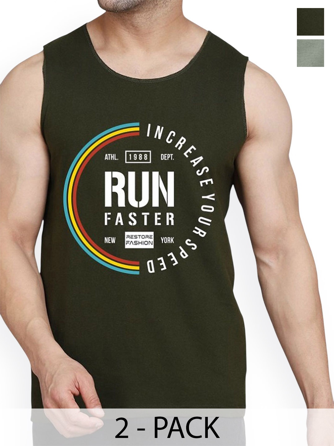 

WOOSTRO Pack Of 2 Printed Combed Cotton Gym Vest RS26 CMB (MORE LGTGREEN) (RUN OLIVE), Green