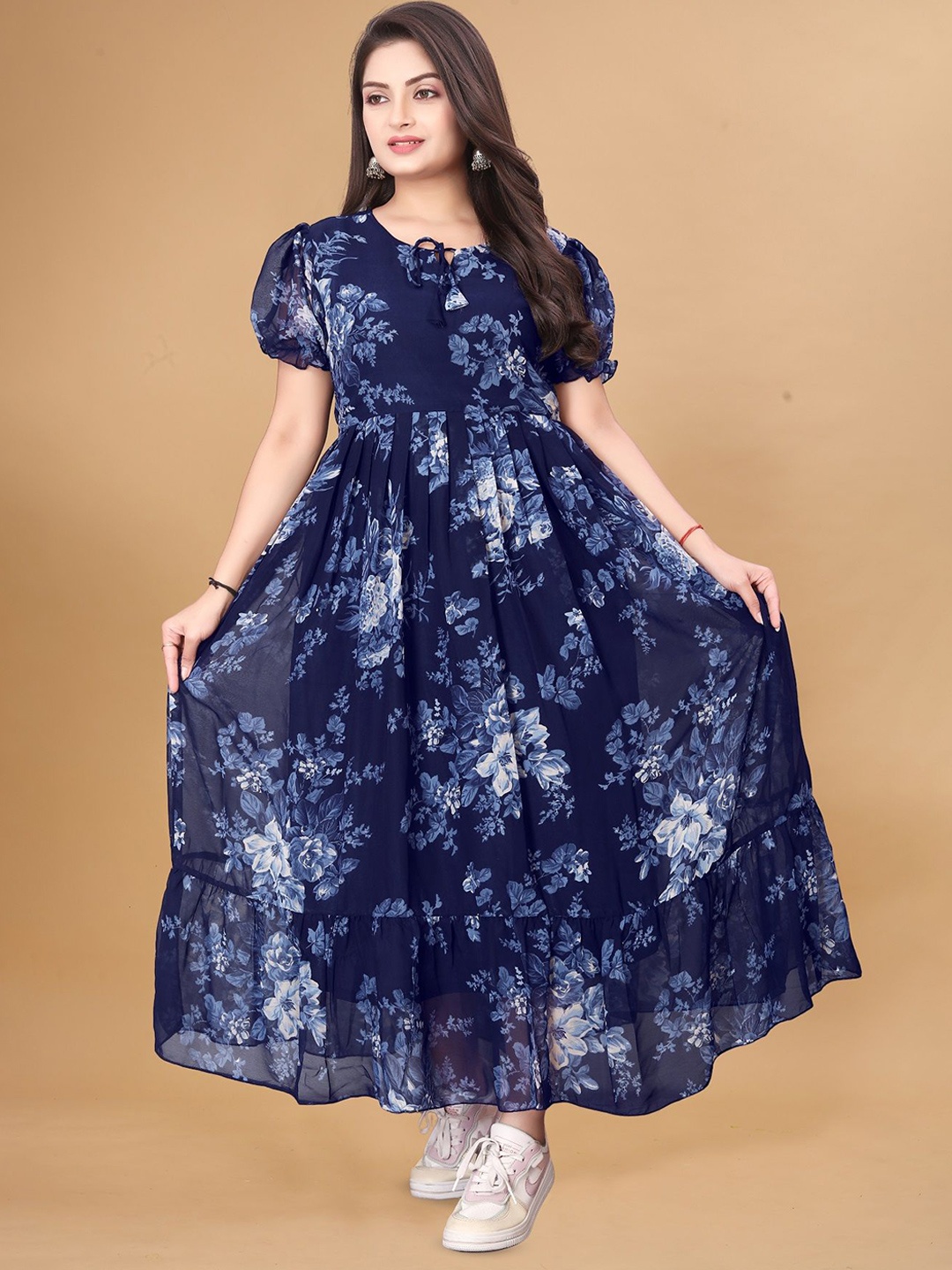 

KRISHTI CREATION Floral Printed Puff Sleeve Georgette Tiered Fit & Flare Maxi Dress, Blue