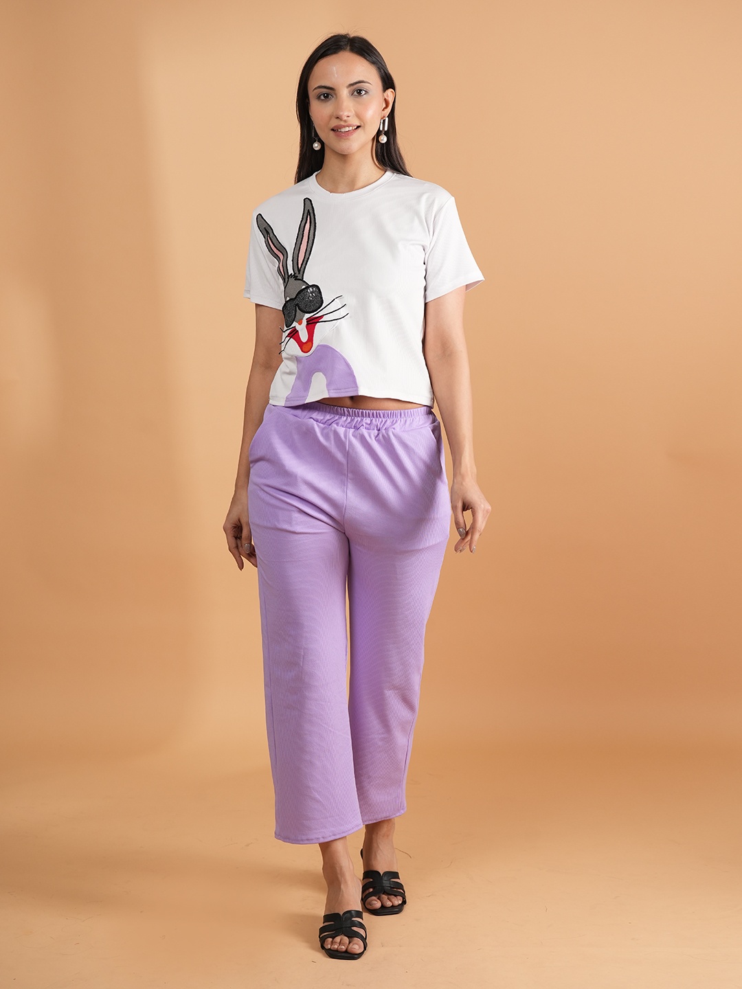 

NEYSA Printed T-Shirt With Trouser Co-Ords, Purple