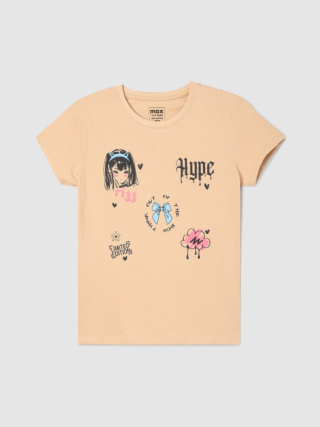 

max Girls Graphic Printed Round Neck Cotton T-shirt, Beige