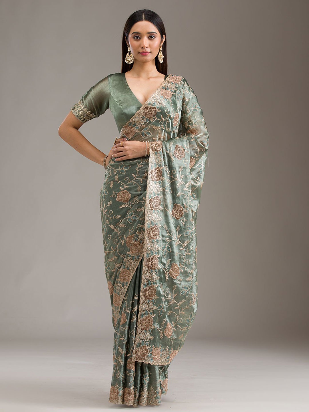 

Koskii Floral Embroidered Heavy Work Mehendi Embellished Tissue Saree, Green