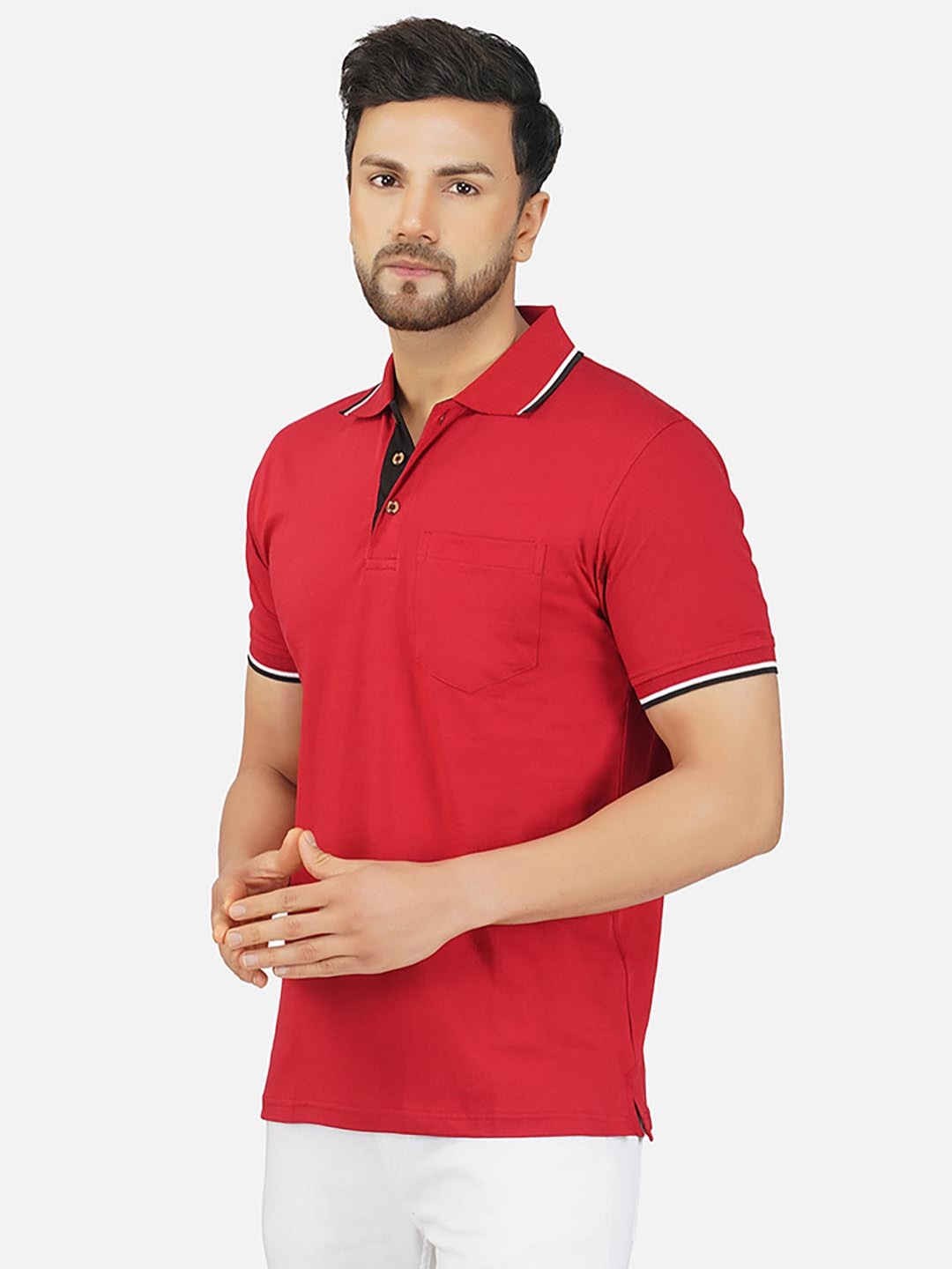 

ALARM Men Solid Polo Collar Cotton Slim Fit T-shirt, Red