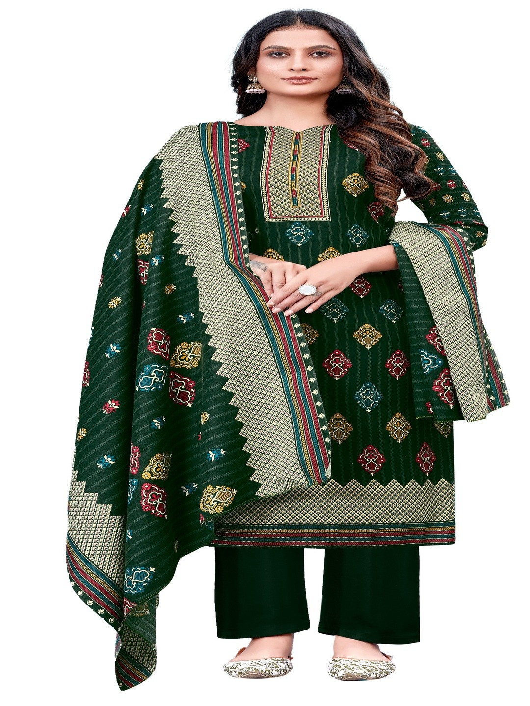

DRAVINAM Trends Floral Printed Pashmina Unstitched Dress Material, Green