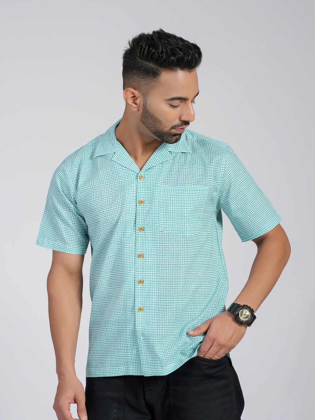 

Cotton Curio Men Comfort Gingham Checks Opaque Checked Casual Shirt, Blue