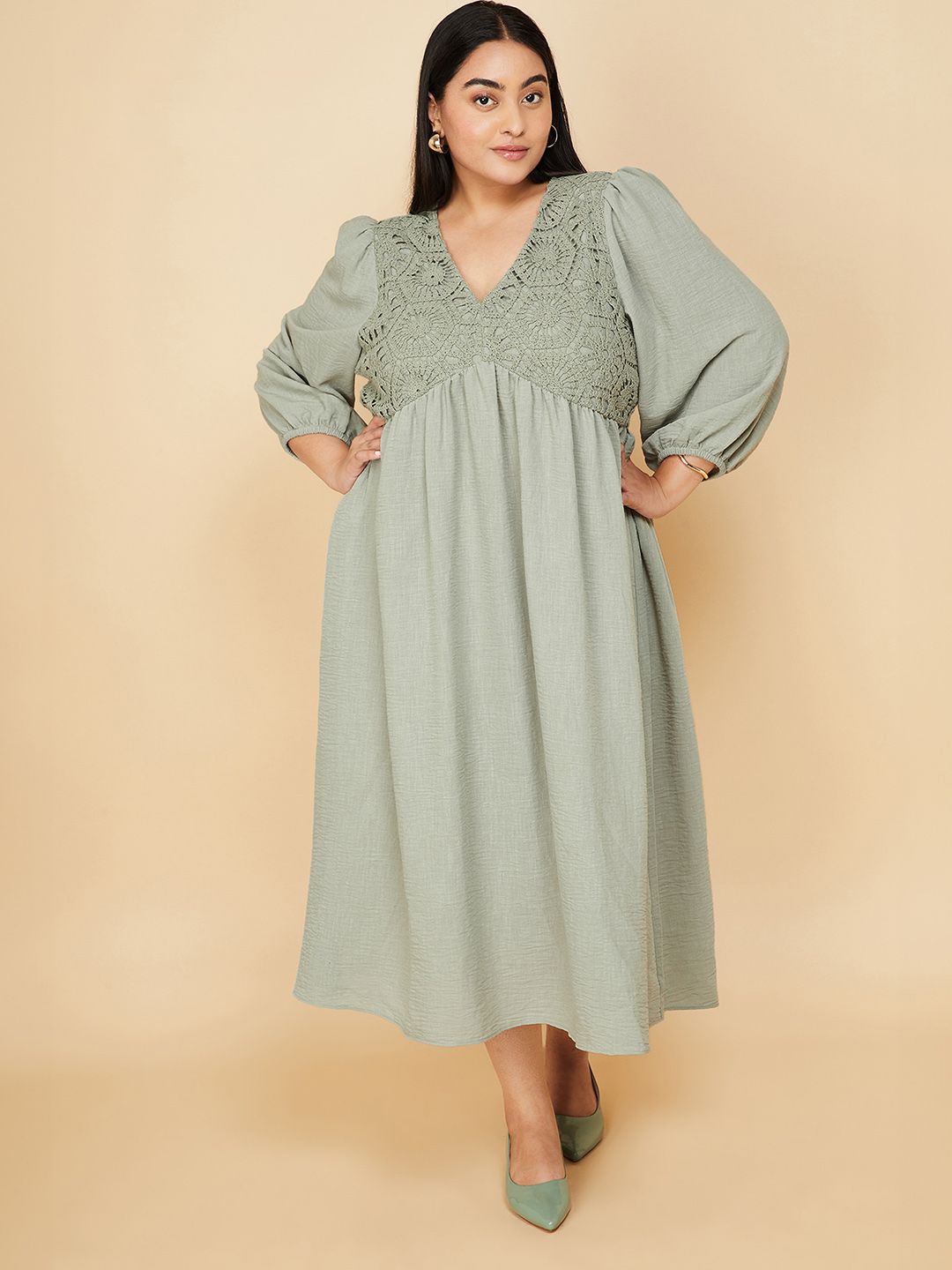 

Max Women Plus Size Self Design Crochet A-Line Maxi Dress, Green