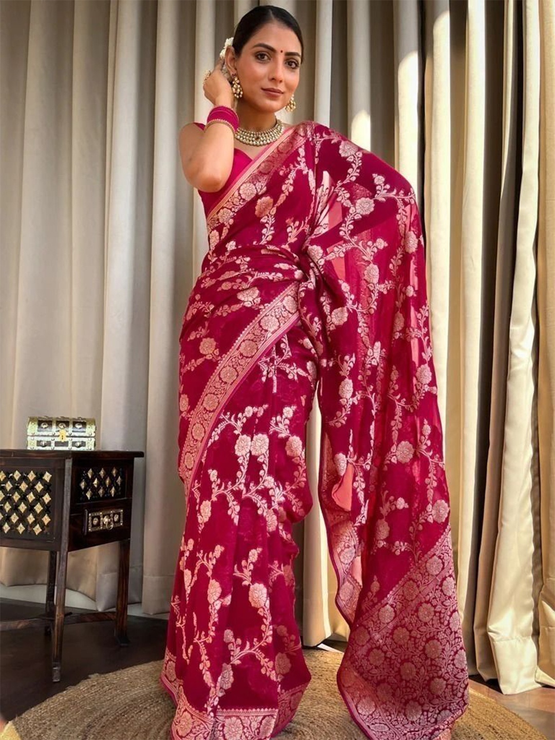 

bansari textiles Woven Design Zari Kanjeevaram Saree, Red