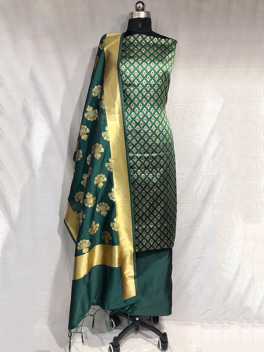 

KALINI Ethnic Motifs Woven Design Printed Pure Silk Unstitched Dress Material, Green