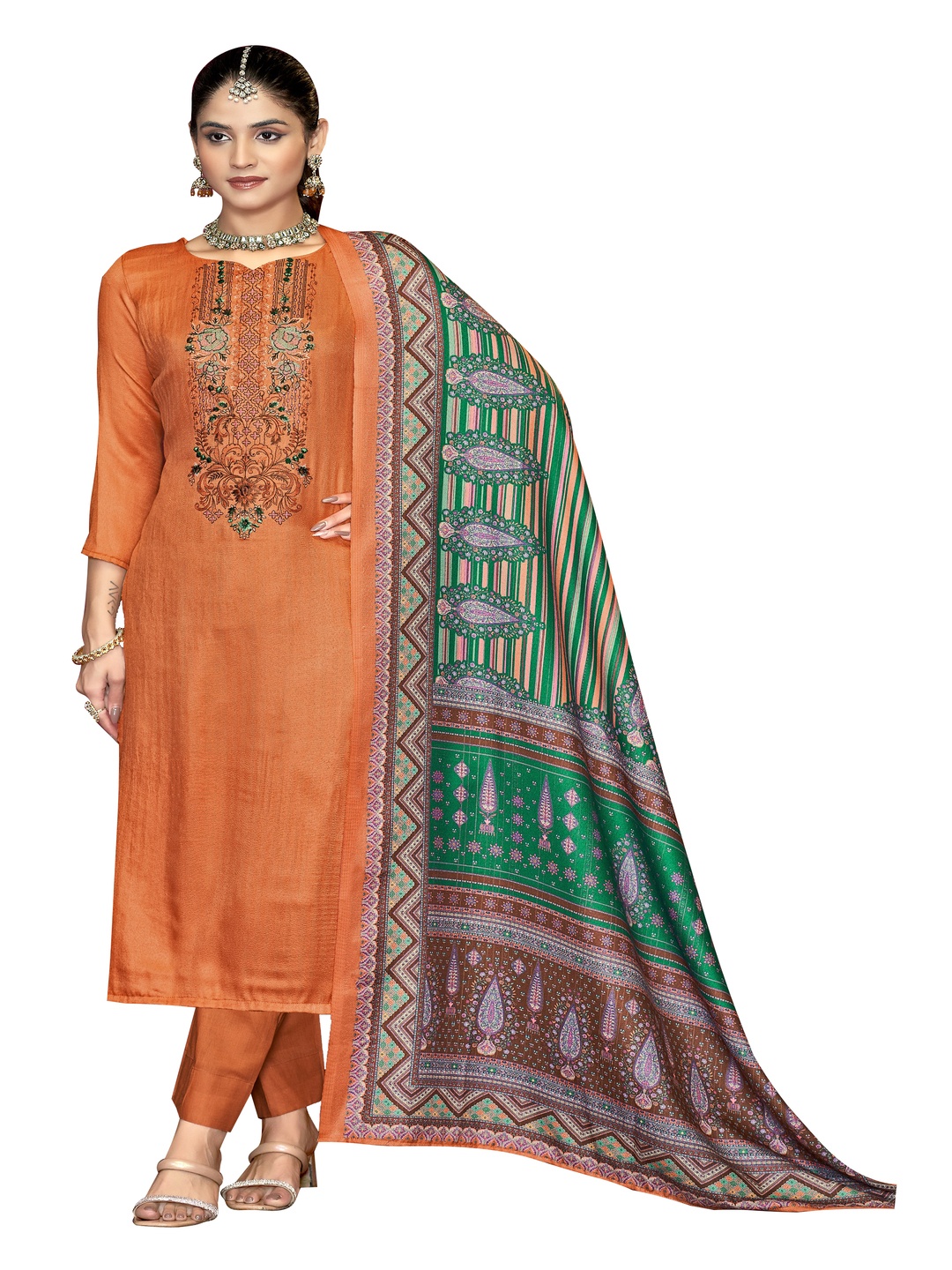 

DRAVINAM Trends Floral Embroidered Pashmina Unstitched Dress Material, Orange