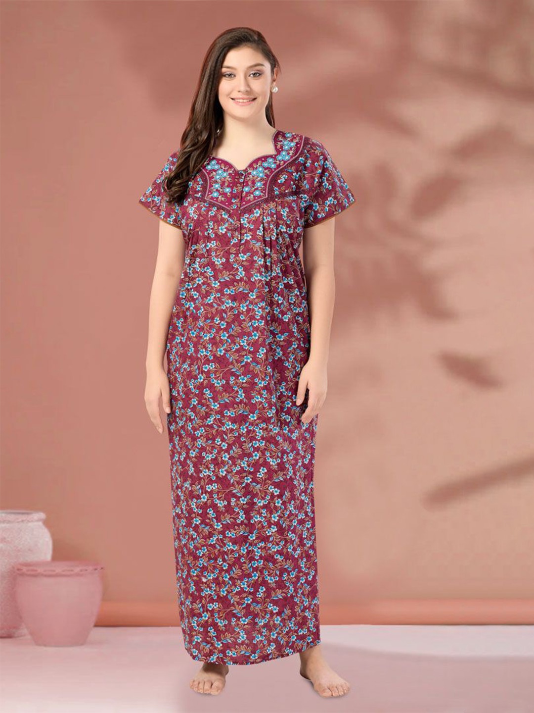 

Soulemo Women Pure Cotton Floral Printed Maxi Nightdress, Purple