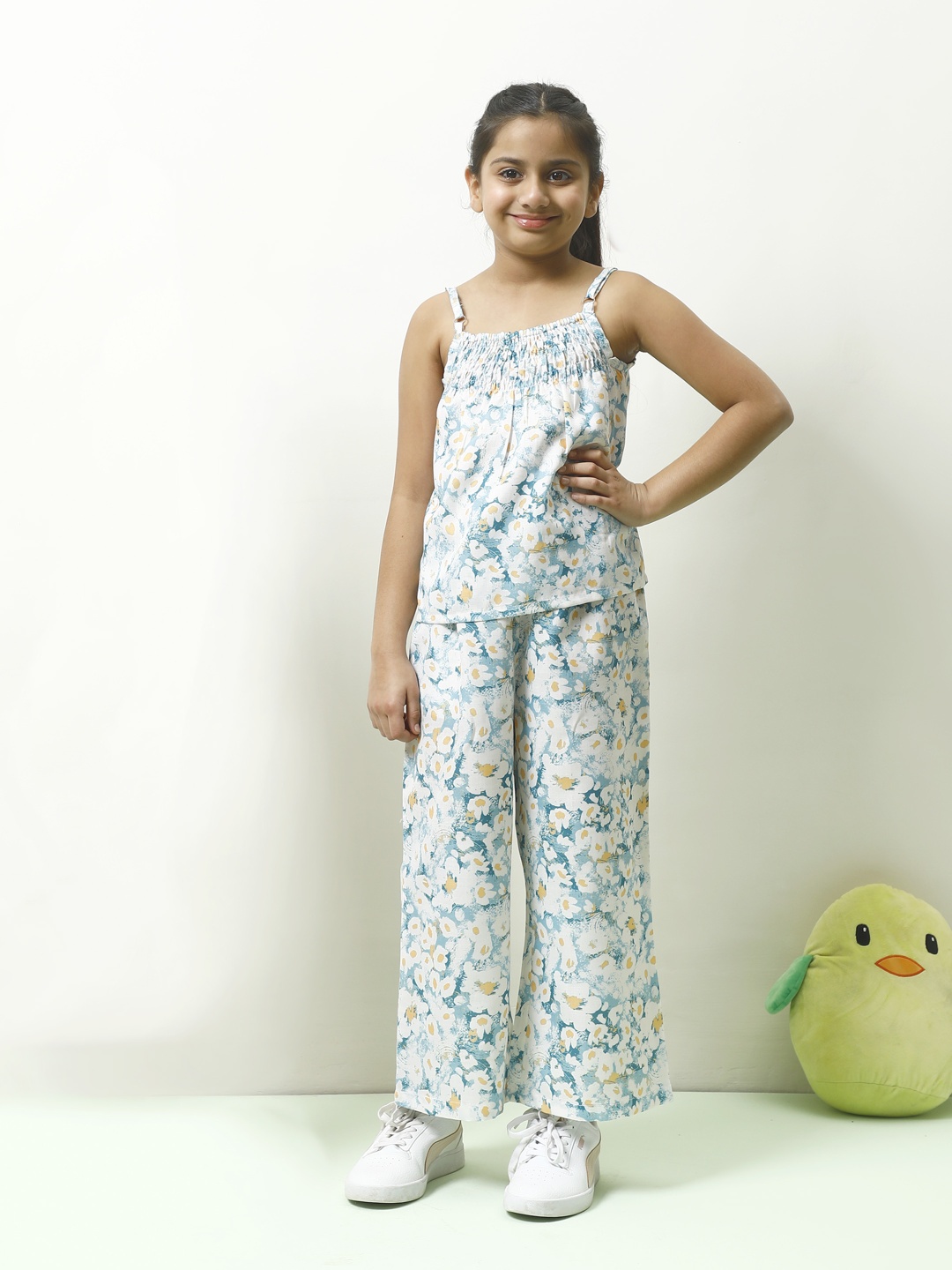 

Athena Girls Floral Printed Shoulder Straps Linen Top With Palazzo, Blue
