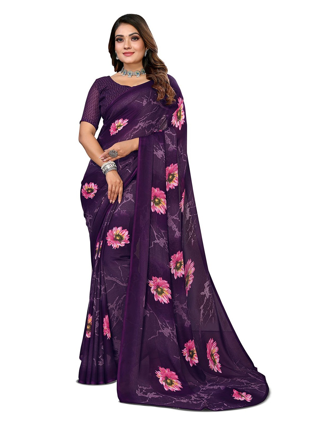 

Moda Rapido Floral Poly Georgette Saree, Purple