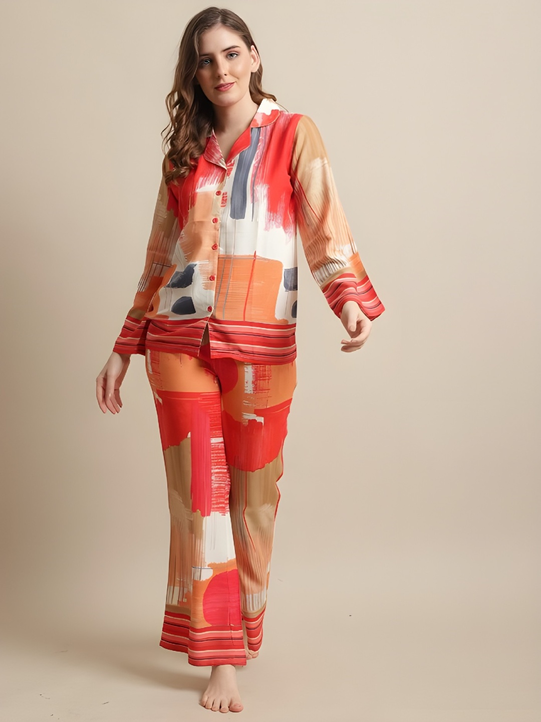 

Acriine Abstract Printed Shirt Collar Shirt With Palazzo, Red