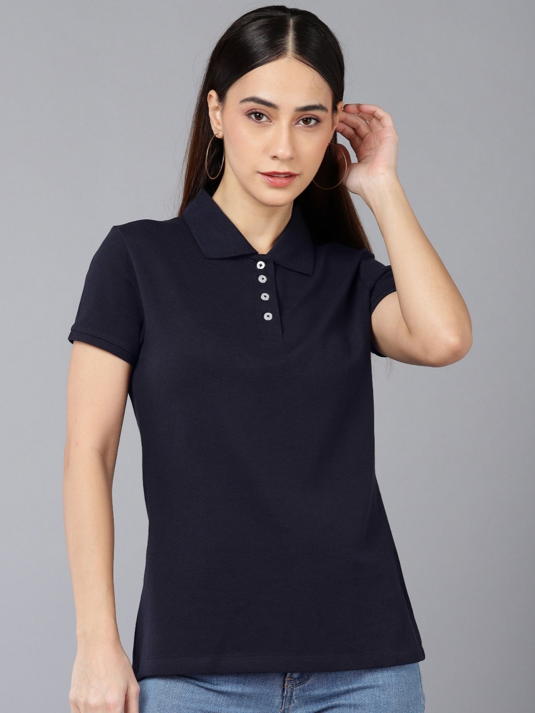 

Moda Rapido Women Solid Polo Collar Cotton Slim Fit T-shirt, Navy blue