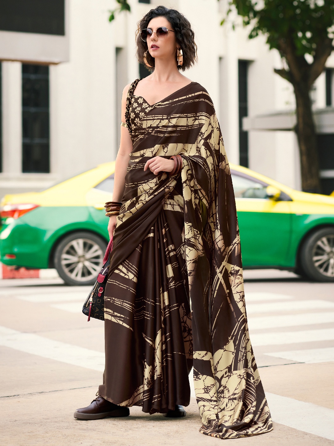 

Panzora Women Satin Saree With Unstitched Blouse Piece, Brown