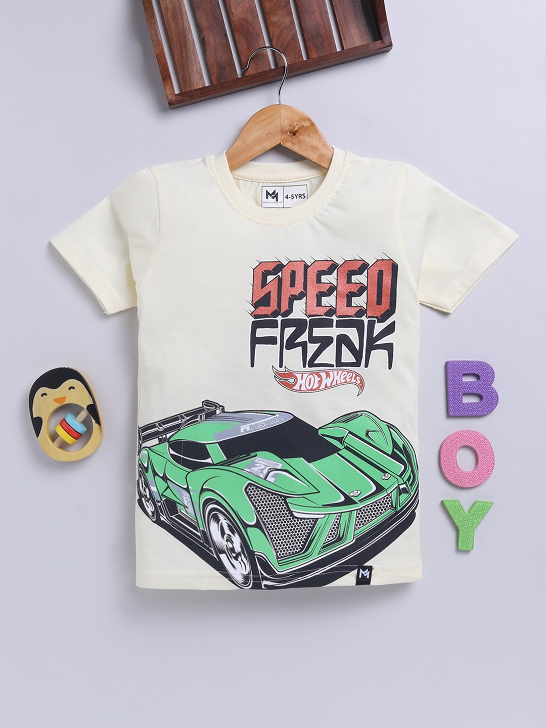 

YK X Minute Mirth Boys Hot Wheels Graphic Printed Pure Cotton T-shirt, Cream
