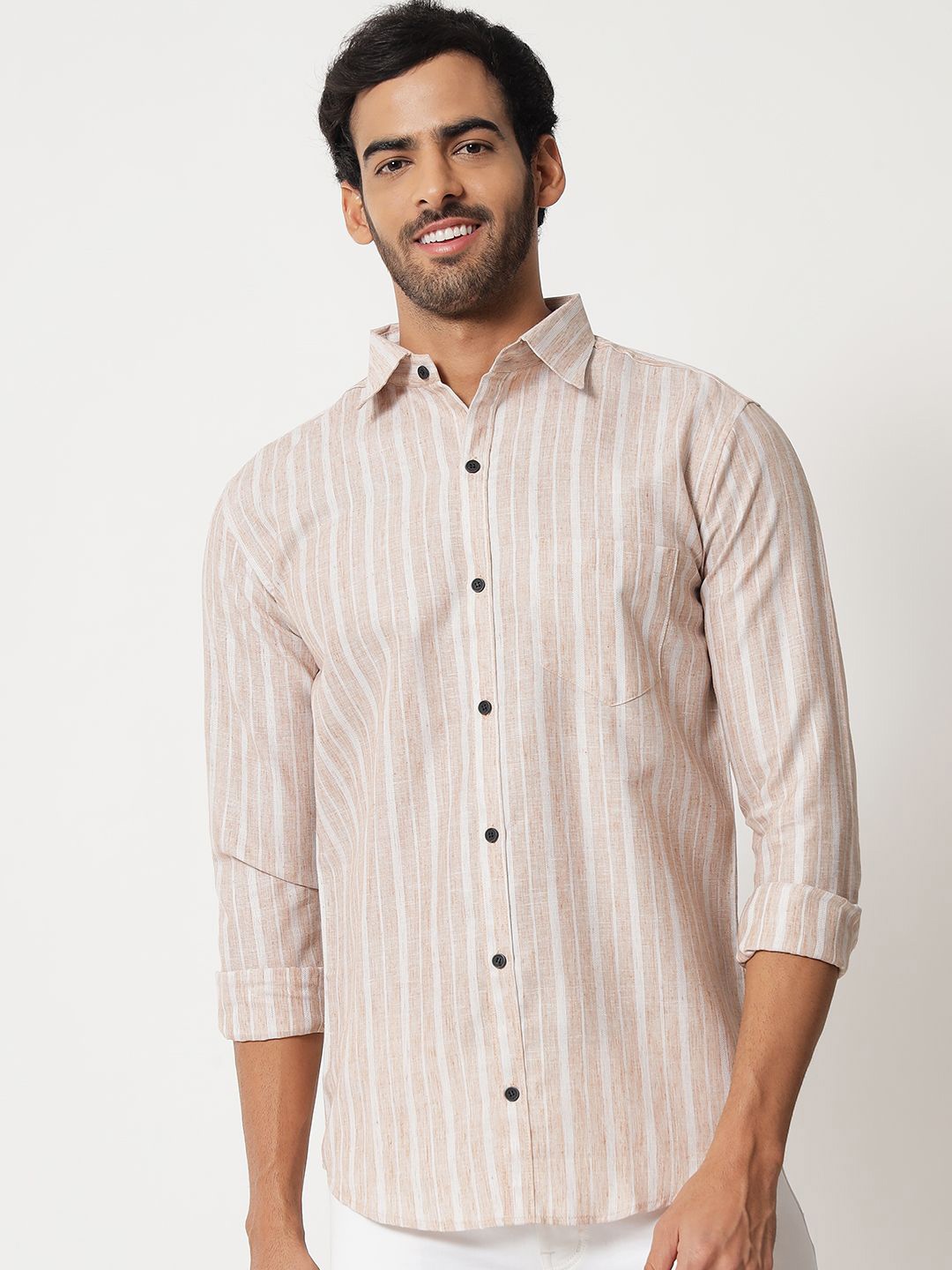 

SHANLIYA Men Classic Fit Spread Collar Vertical Striped Cotton Casual Shirt, Peach
