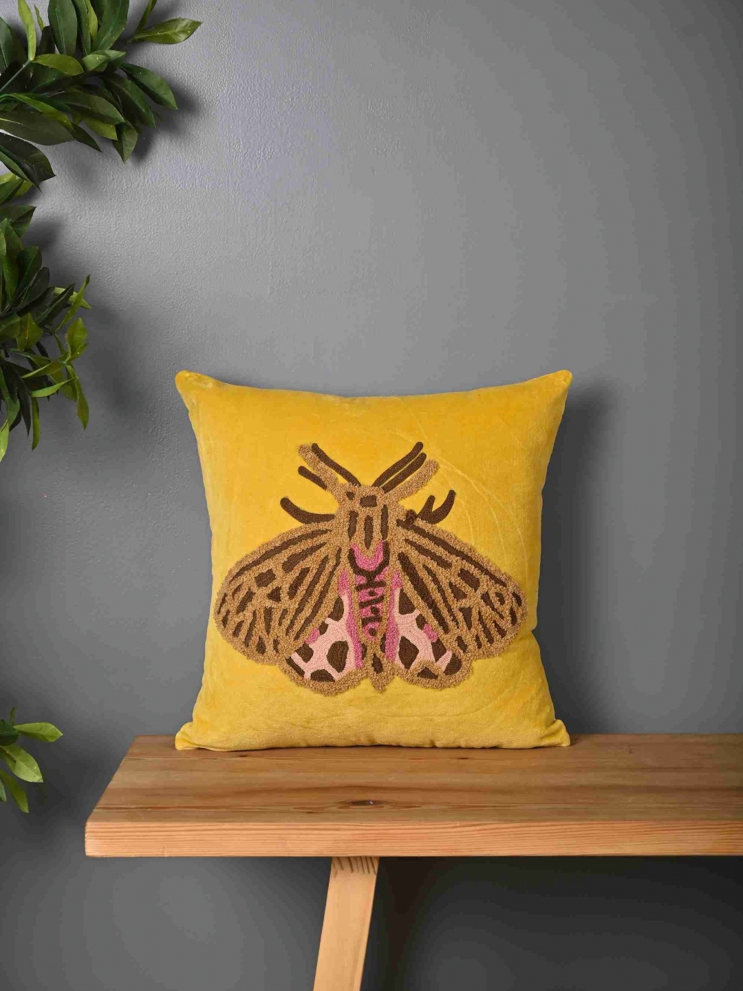 

Aura Yellow & Brown Butterfly Embroidered Cotton Square Cushion Cover