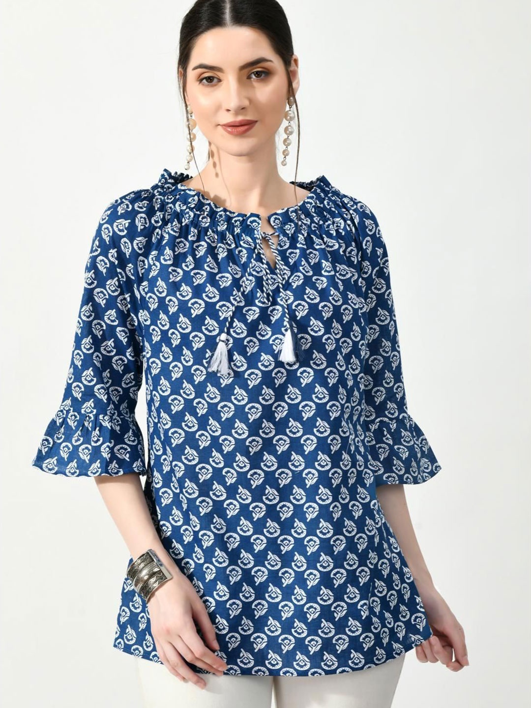 

VAAMII Women Cotton Tie-Up Neck Bell Sleeve Cotton Top, Blue