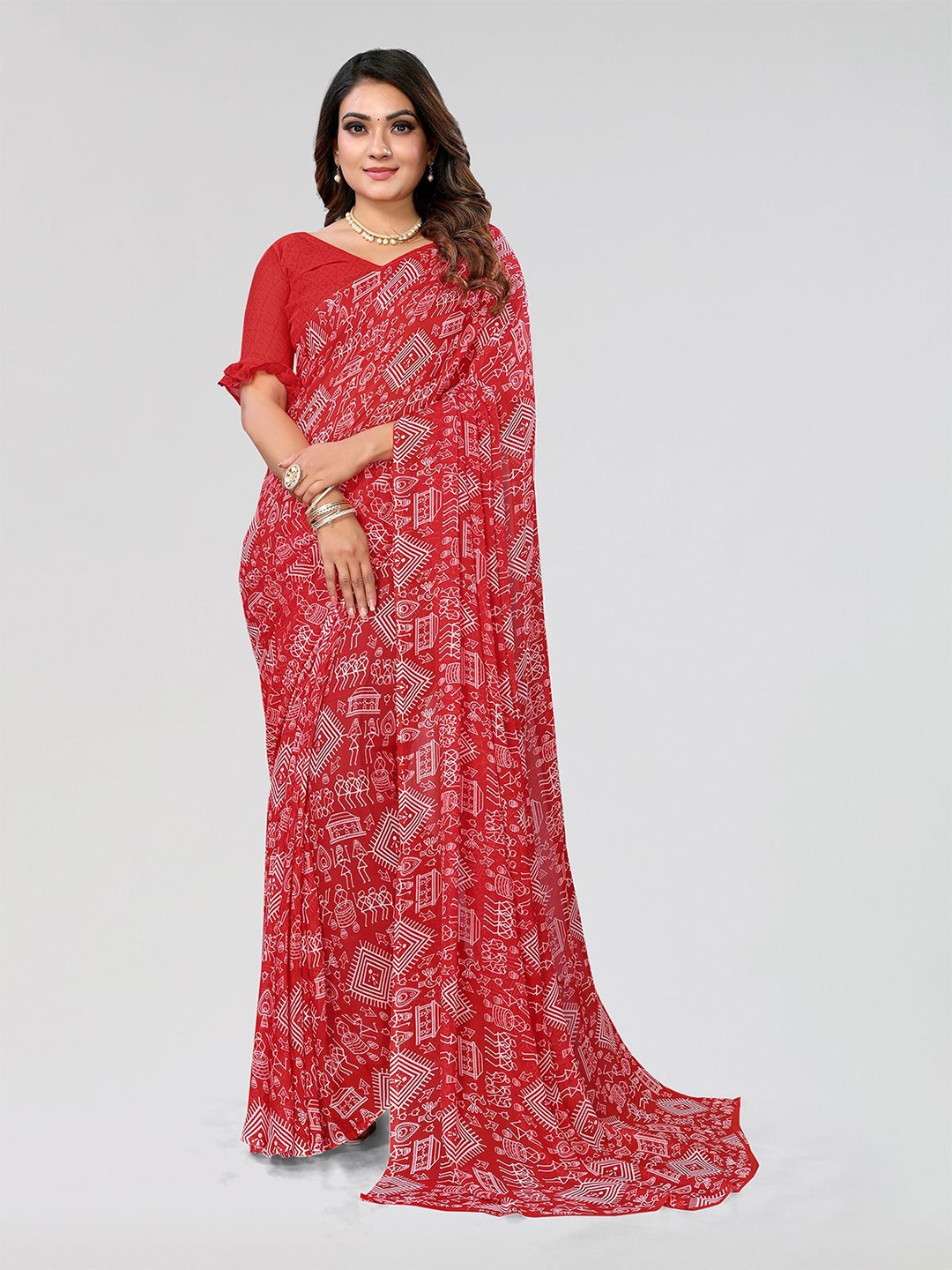 

Moda Rapido Geometric Printed Saree, Red