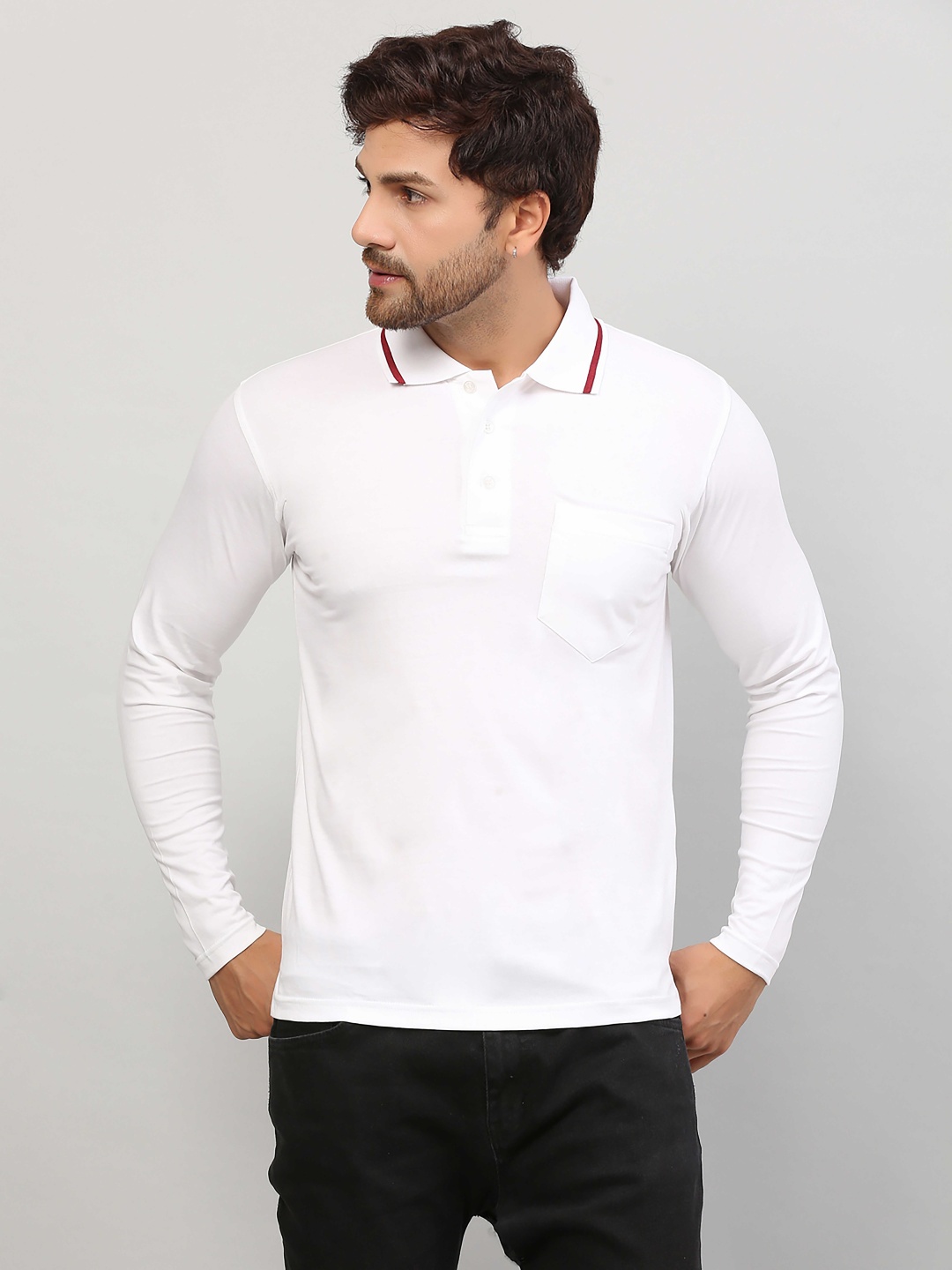 

ALARM Men Solid Polo Collar Cotton T-shirt, White